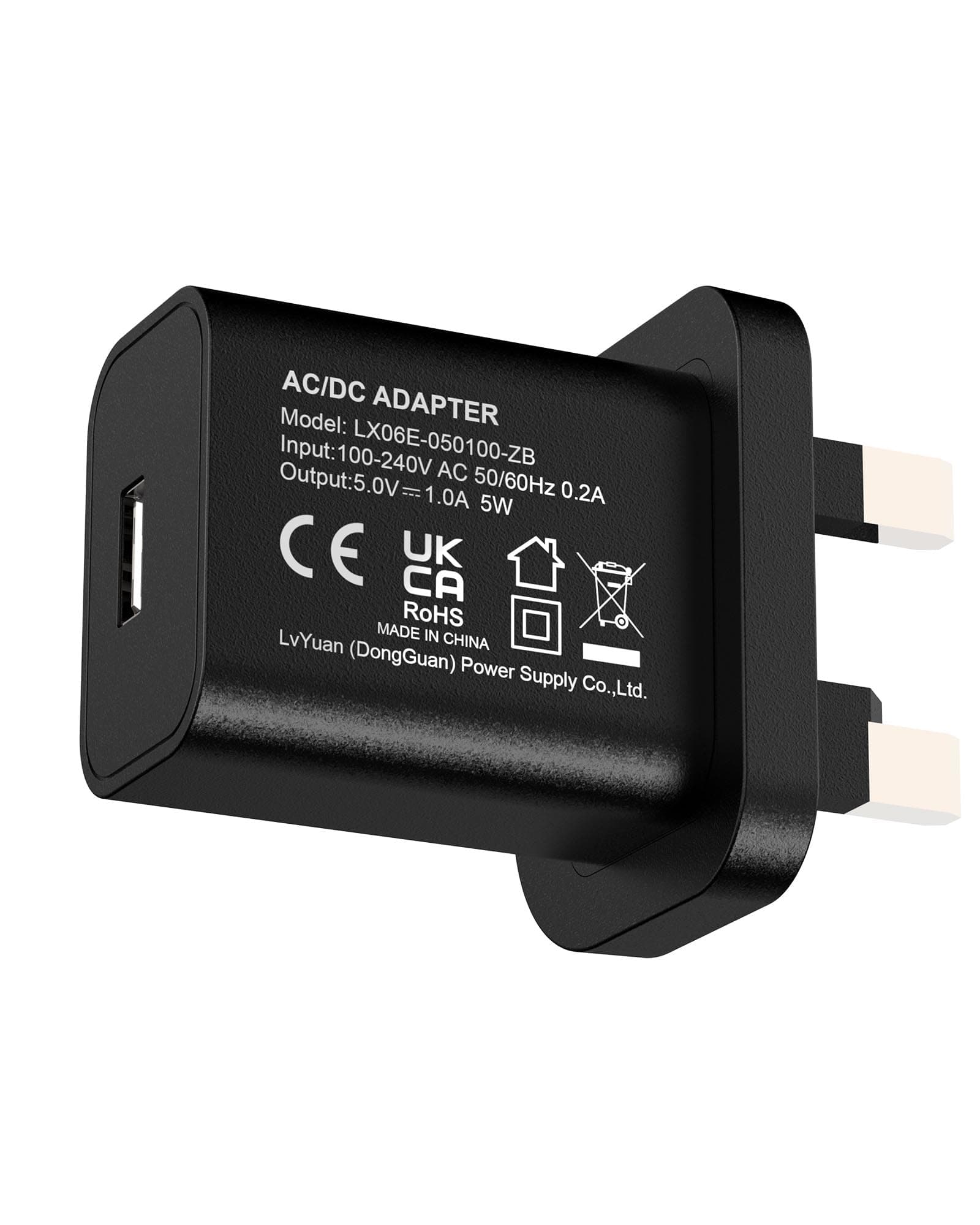 5V 1A 5W Black USB Charger, UK Usb Plug, USB-A Output, 100V-240V Input, for Phone, Tablet, Speakers
