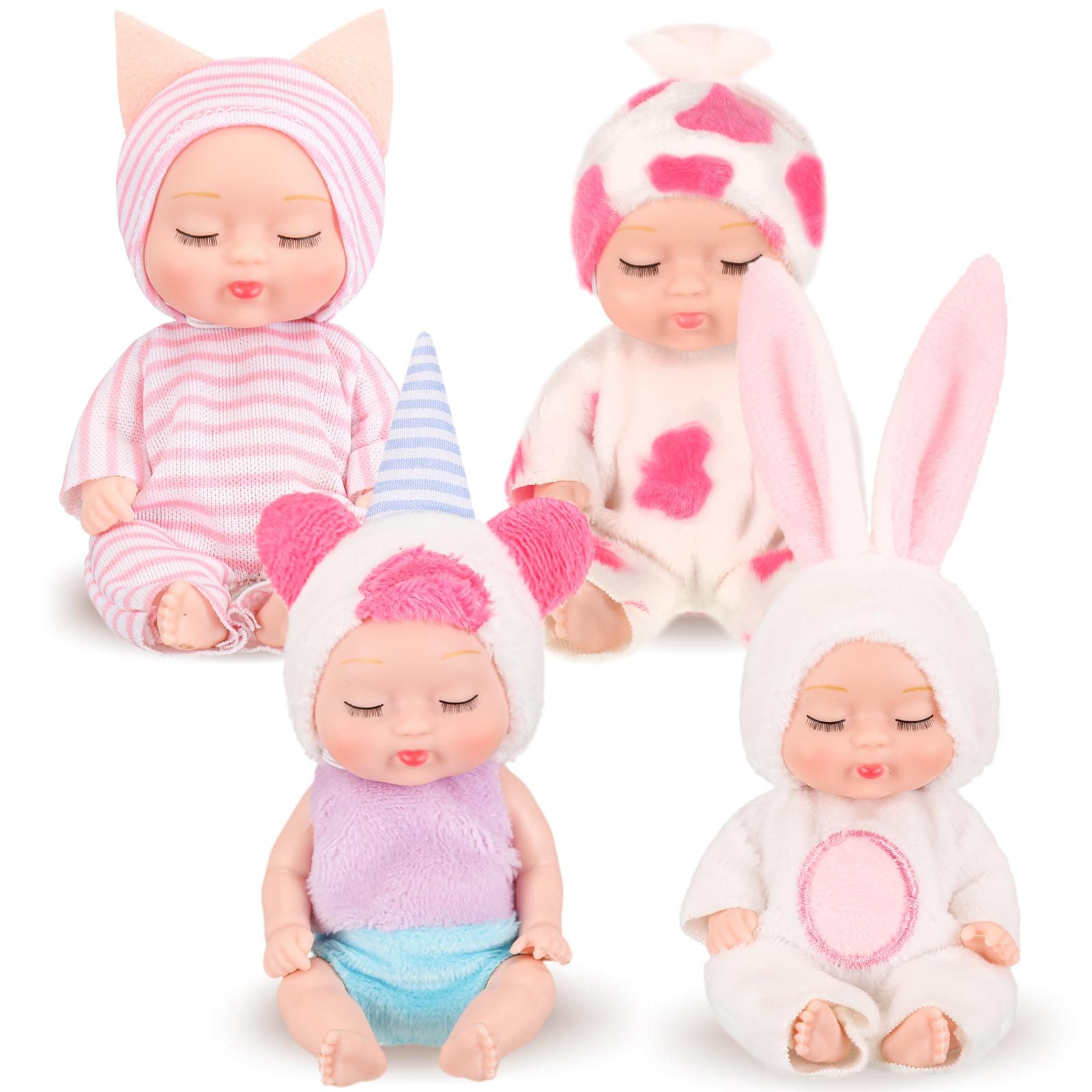 Hanaive 4 Pcs 4 Inch Mini Baby Dolls Lifelike Realistic Baby Dolls Animal Clothes Cute Tiny Gifts for Kids Birthday Party(Lovely Style)