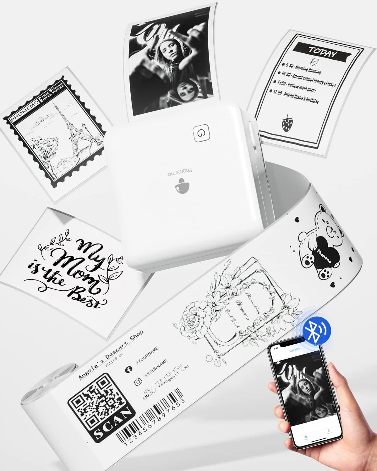 MemokingPhoto Sticker Printer Machine - 2" Mini Printer - HD 300dpi Sticker Maker Machine for Pad&Phone - M02 Pro Portable Mini Pocket Thermal Printer White - Inkless Bluetooth Printer for Photos,DIY