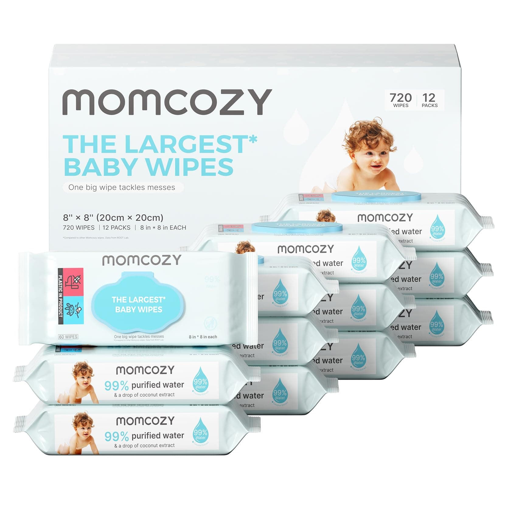 Baby Wipes, Momcozy Sensitive Water Wipes-Extra Large Size Design, One Top Two, 99% Purified Water, Unscented & Hypoallergenic, Friendly to Sensitive Skin, 12 Flip-Top Packs (720 Wipes Total)