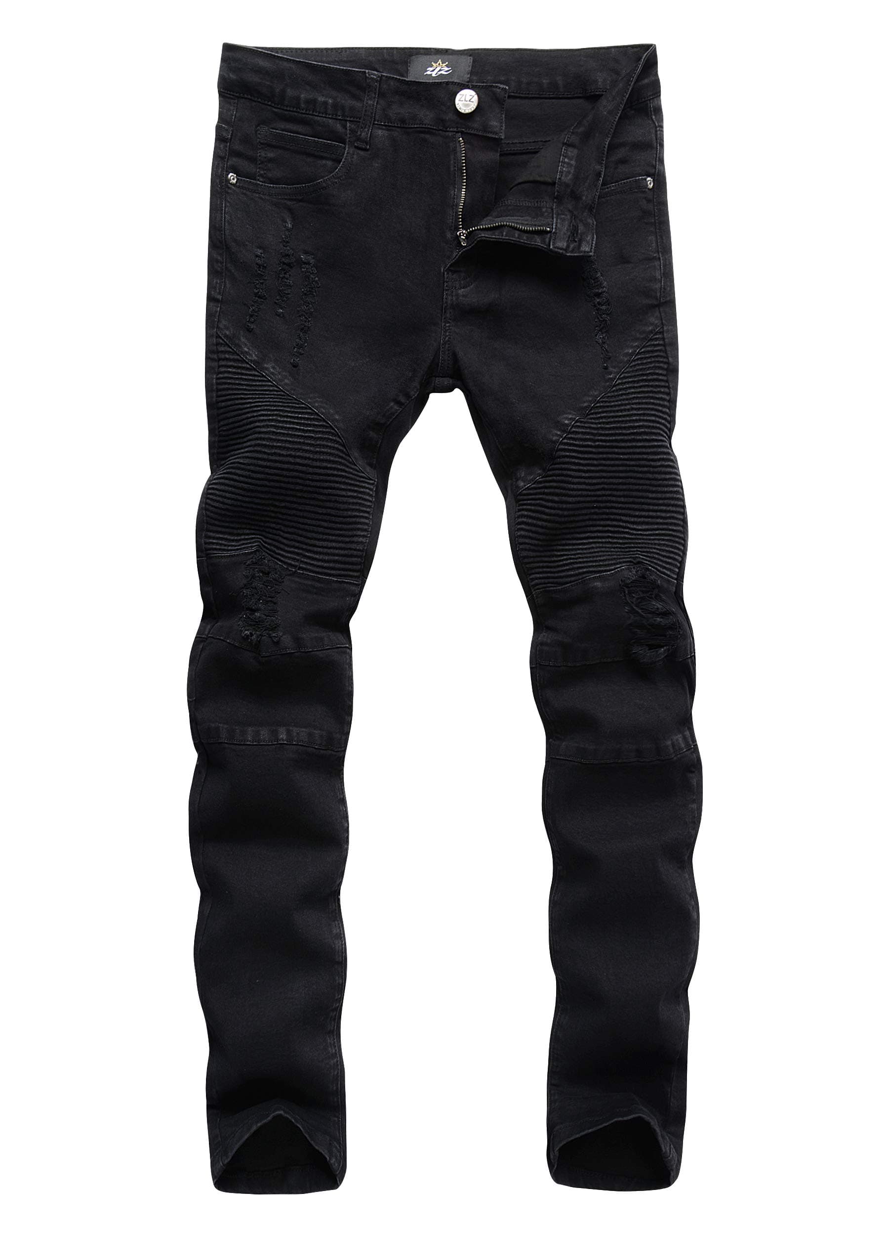 ZLZ Black Biker Jeans for Men, Slim Fit, Comfy Stretch Ripped Distressed Biker Pants, Designer Jeans