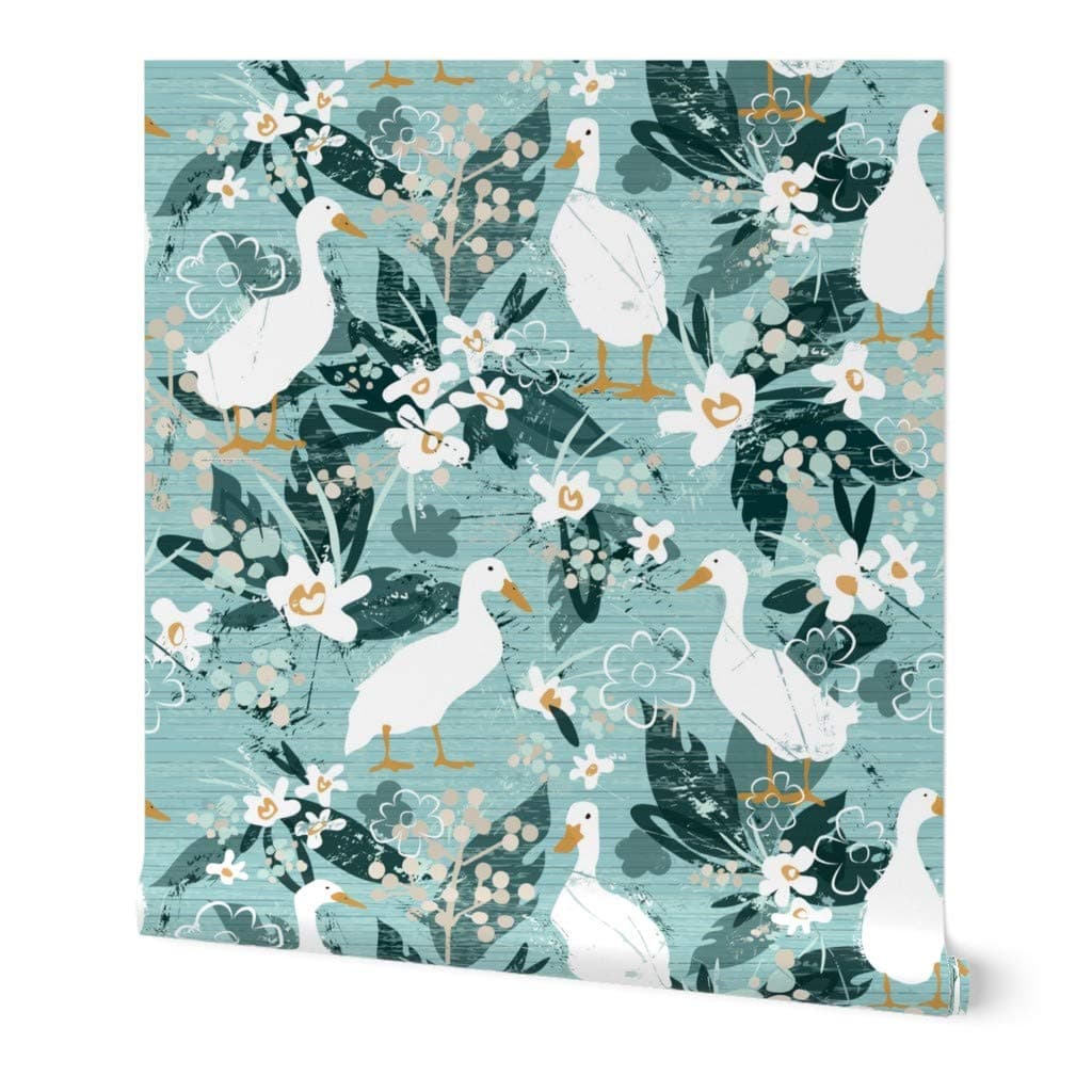 Spoonflower Removable Wallpaper Swatch - Farmhouse Ducks Duck Egg Blue Farm Soft Yellow Animals Modern Custom Pre-Pasted Wallpaper