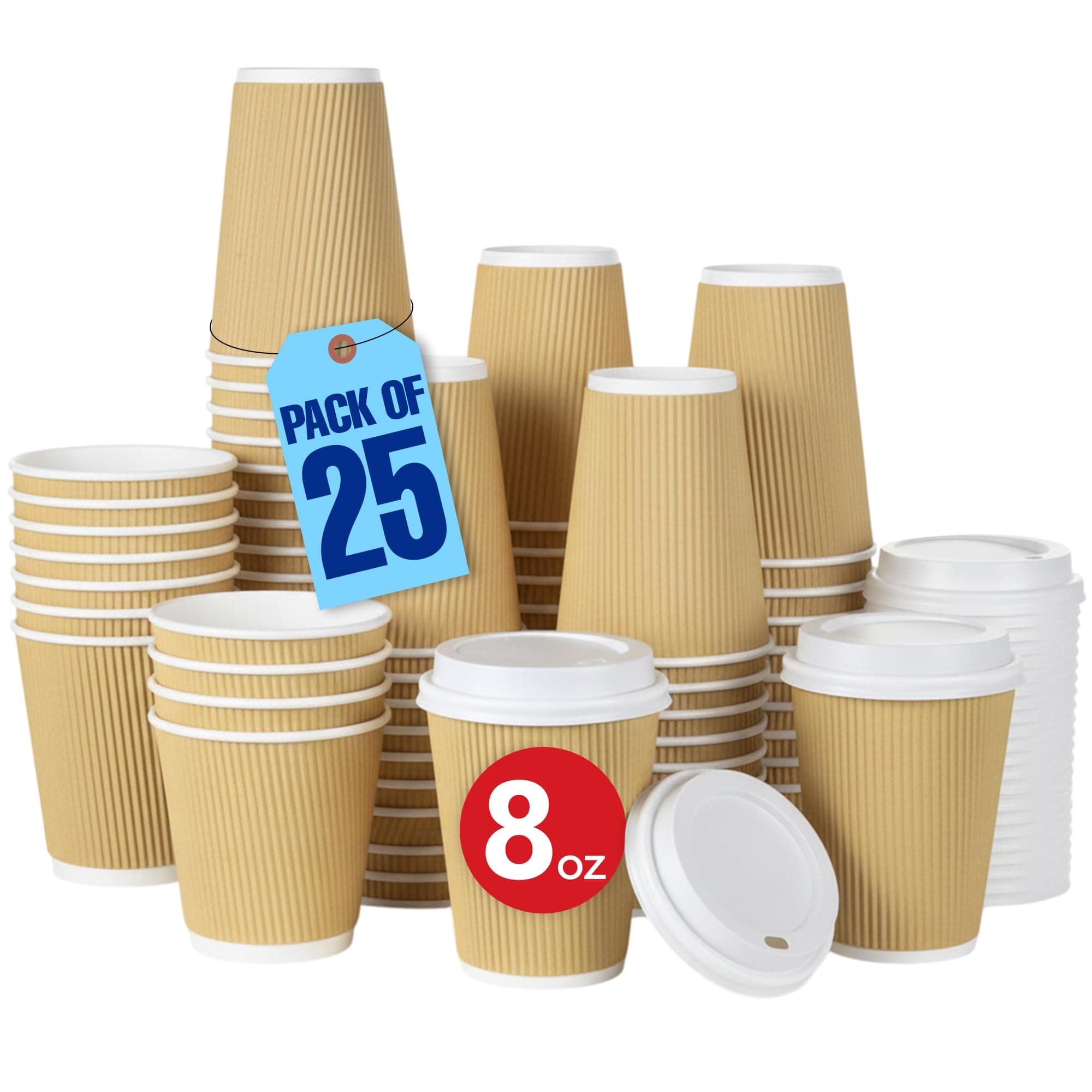MARKQ [25 Sets] 8 oz. Brown Disposable Ripple Insulated Coffee Cups with Lids - Hot Beverage Corrugated Paper Cups