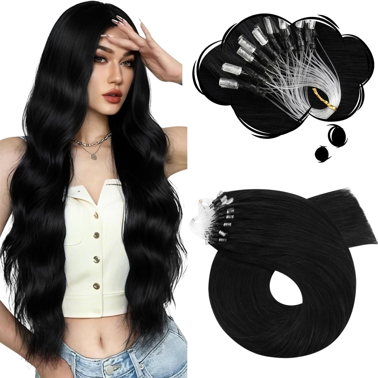 Moresoo Micro Bead Hair Extensions Real Human Hair Jet Black Microlink Hair Extensions Human Hair 57g Long Straight Micro Link Extensions for Women No Heat No Glue