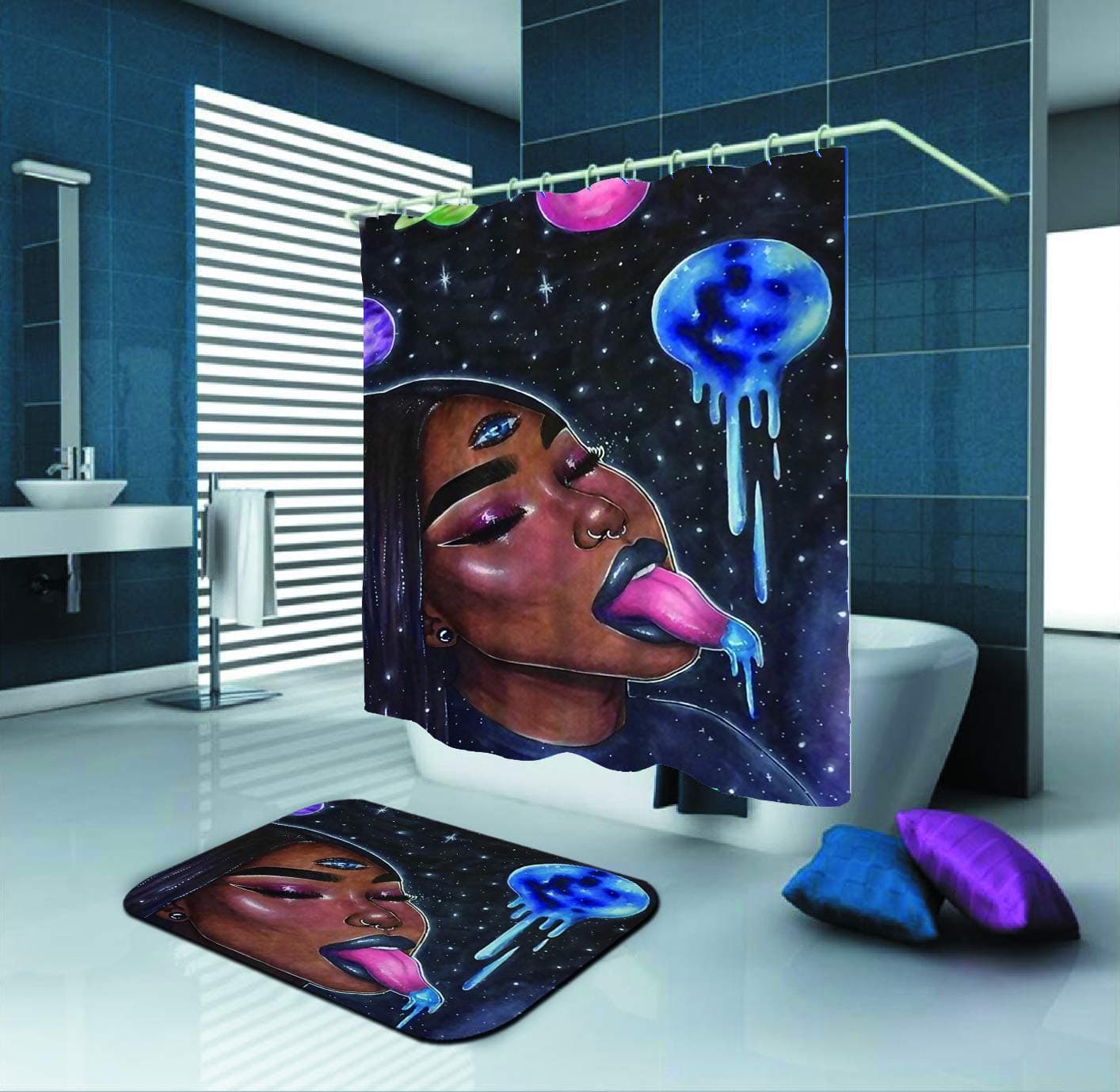 Black Women Shower Curtain,African American Women Three Eyes Love Galaxy Planets,72X72In Polyester Fabric Shower Curtain Set with 15.7X23.6In Flannel Non-Slip Floor Doormat Bath Rugs