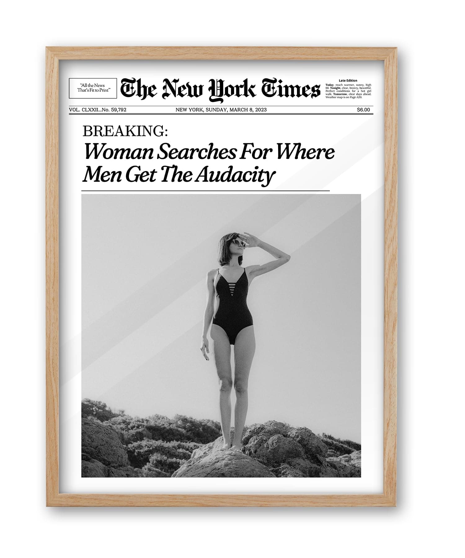 iHery Natural OAK Wood Framed Trendy NewsPaper Wall Art,12x16in Retro Magazine Canvas Wall Art, Funny Bathroom Decor,Woman Searches For Where Men Get The Audacity,Girly Bedroom Dorm Artwork 1Pack