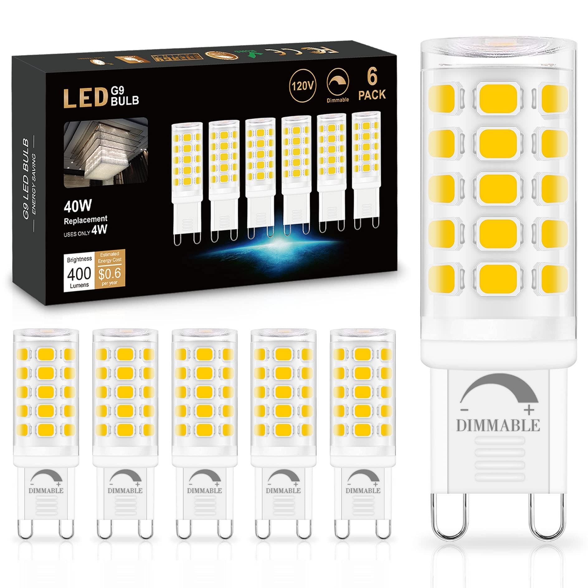 Sailstar G9 LED Bulb Dimmable 4000K Natural Daylight 6 Pack, T4 G9 4W Replacement for 40 Watts Halogen, Ceramic Bi Pin Base, 120V 400 Lumen 360°Beam Angle, G9 Light Bulbs for Chandelier