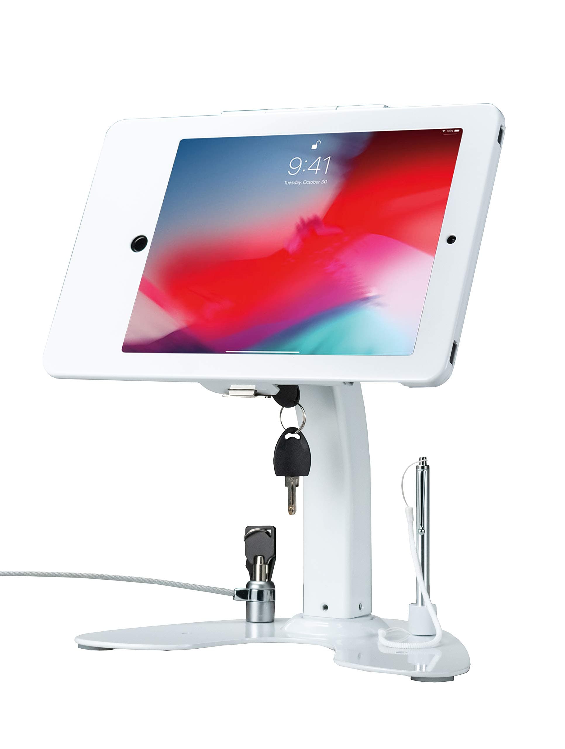 Dual Locking Stand – CTA Security Kiosk with Locking Case, Cable, Stylus, Tether, and 360-Degree Rotating Base for iPad Pro 10.5”, iPad Air 3, and Headphone Jack. (PAD-ASKTW) - White
