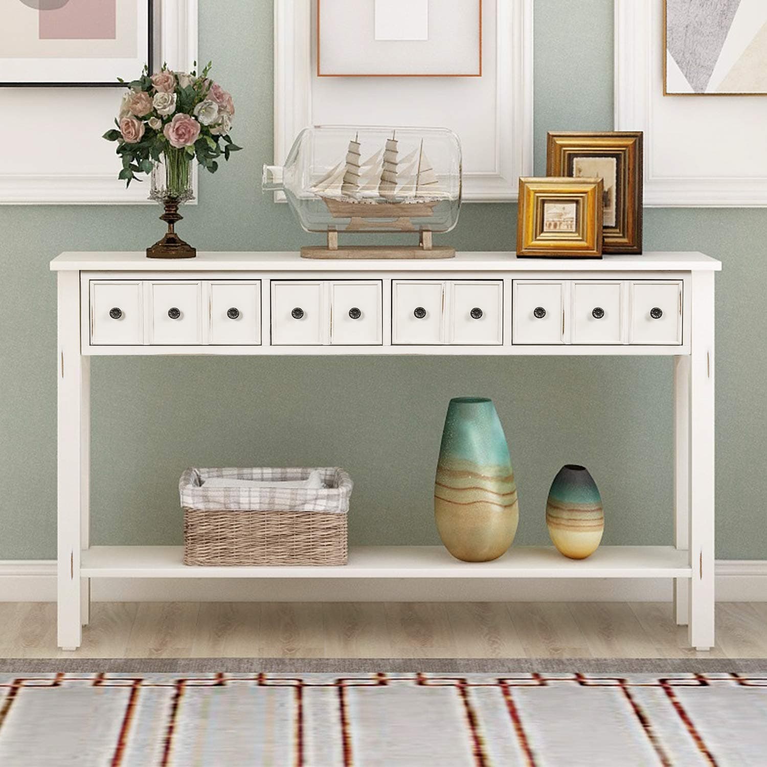 P PURLOVE Console Table Rustic Entryway Table 60" Long Sofa Table with 4 Drawers in Two Different Size and Bottom Shelf for Storage (Antique White)