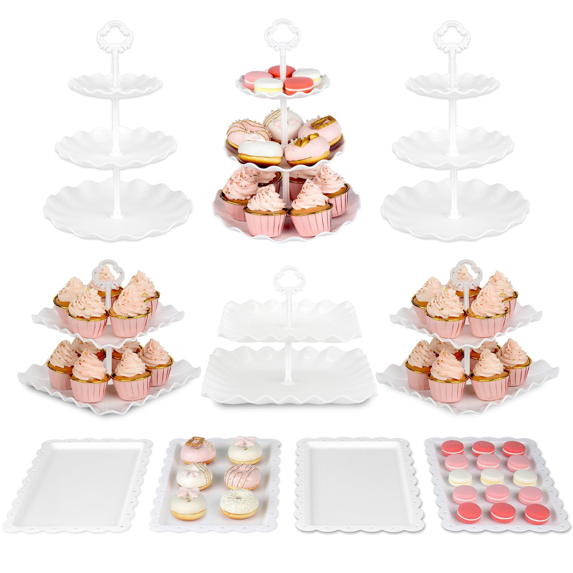 Pack of 10 NWK Cake Stand Set, with 3 x Two-Tier and 3 x Three-Tier Cupcake Stands, 4 x Appetizer Trays, 1 x Tablecloth for Birthday Bridal Baby Shower Party (White)