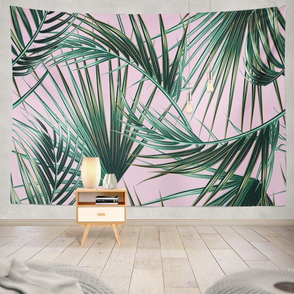ONELZDecor Collection, Tropical Palm Leaves Leaves Floral Tropic Palm Pink Leaf Beach Tree Green Hawaii Bedroom Living Room Dorm Wall Hanging Tapestry 60 L x 80 W Polyester Blend