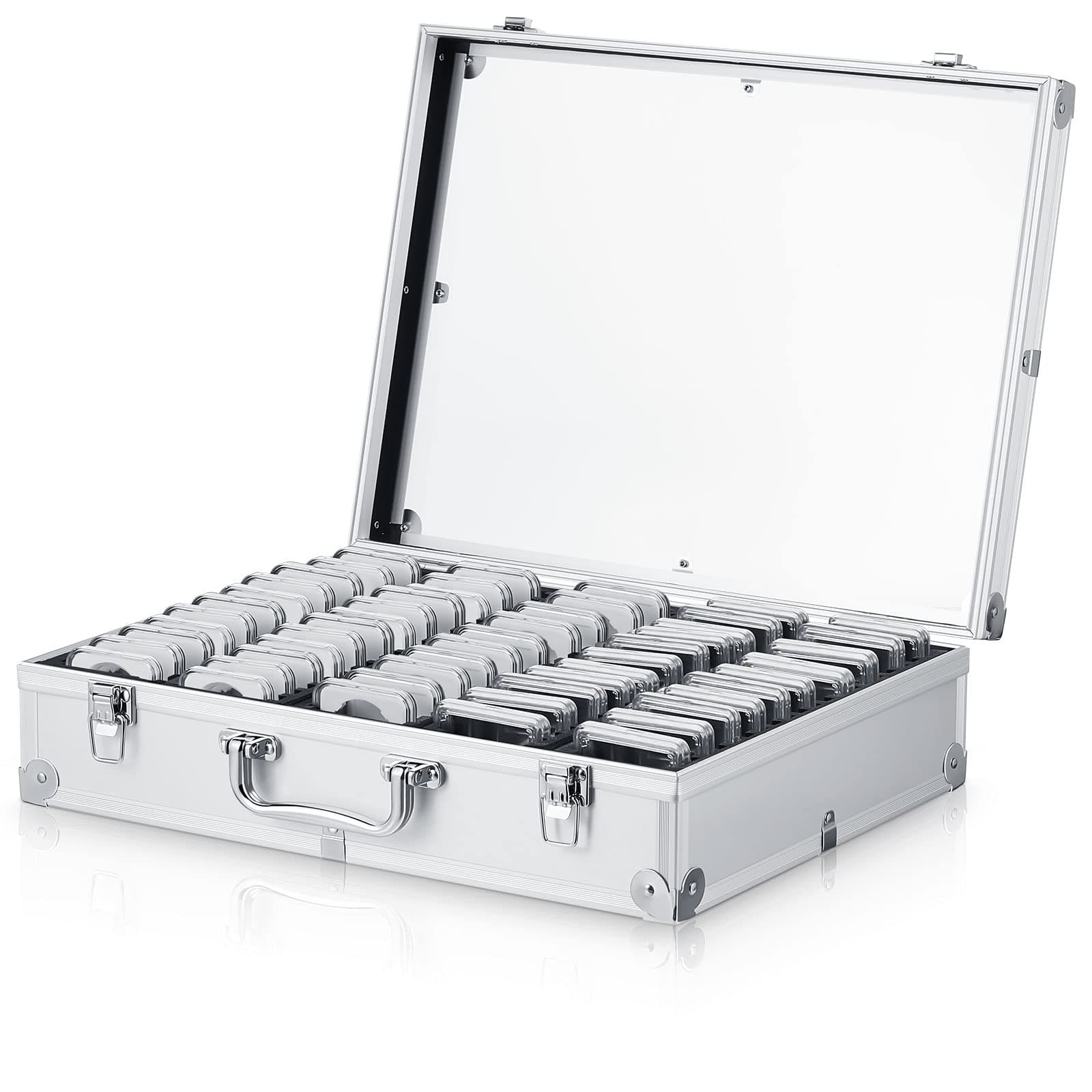 Funrous 100/50/20 Slabs Aluminum Coin Storage Box Case for Slab Holders Storage Collection Supplies Coin SlabStorage Box for Collectors(100 Coins,Silver)