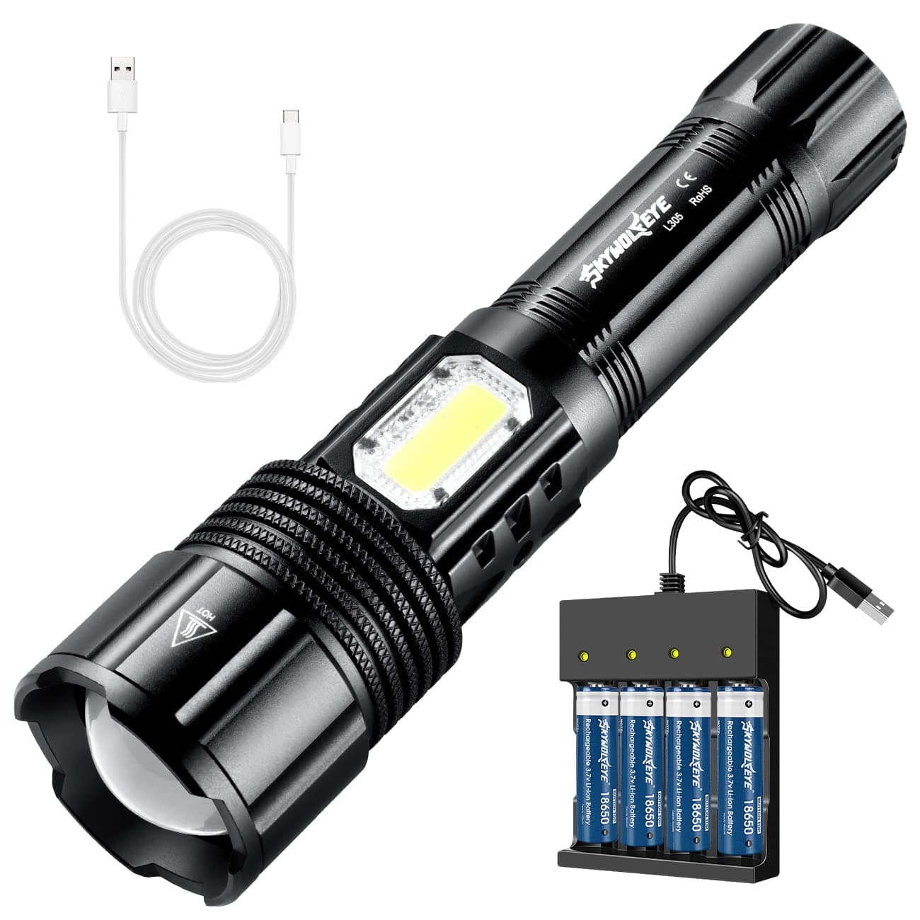Tokeyla 18650 Rechargeable Flashlight with 18650 Battery and Charger, High Lumens, Super Bright, Adjustable Focus, 5 Light Modes for Emergency, Water Resistant, Best camping, Outdoor Gear