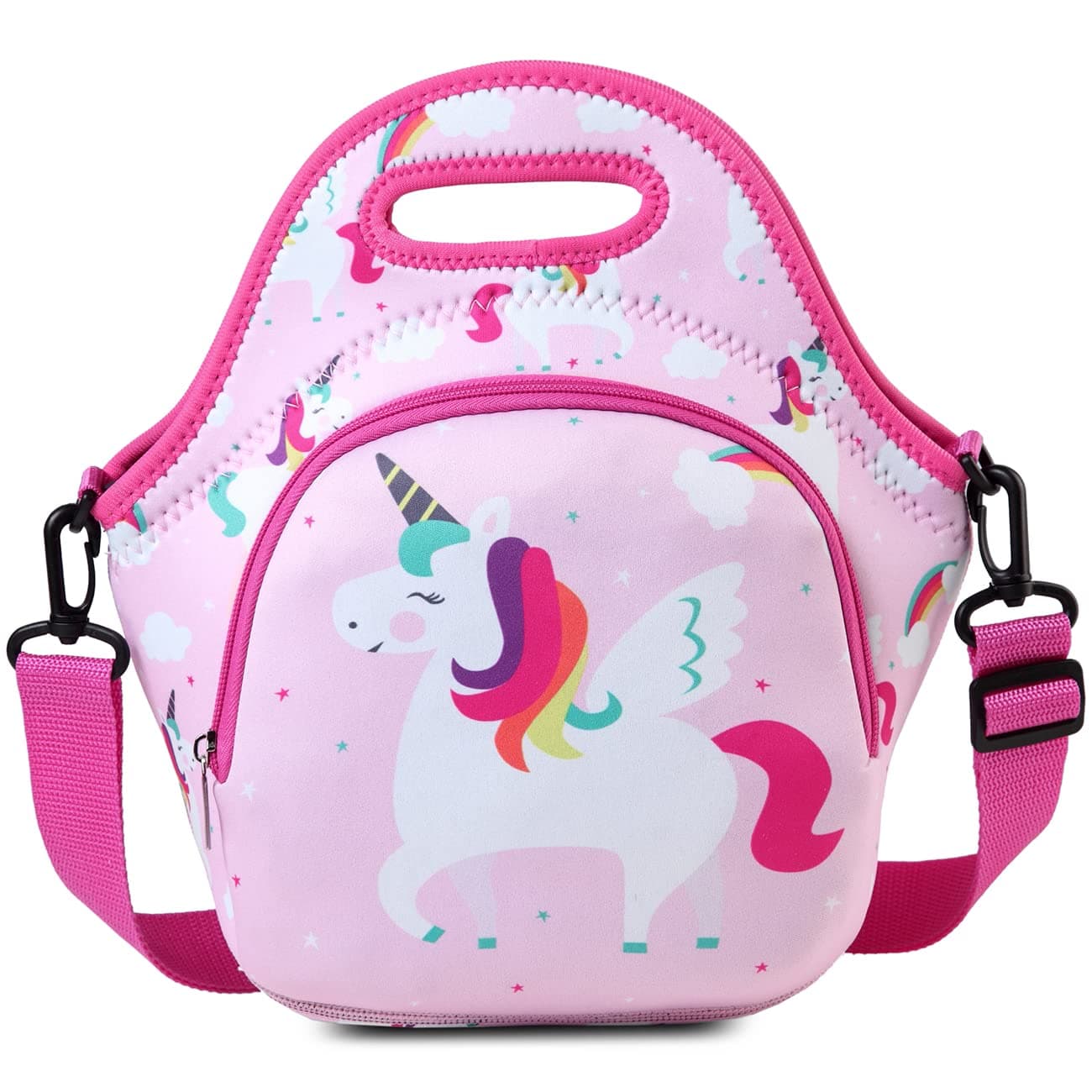 RAVUOLunch Bag for Girls, Lightweight Neoprene Lunch Box for Kids Cute Unicorn Reusable Lunch Tote with Detachable Shoulder Strap