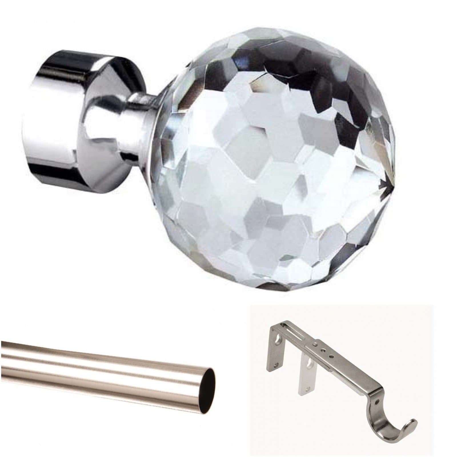 ABC Decor EYELET Curtain pole 125cm 28mm CRYSTAL FINIAL Trade Packed Satin Steel (no rings)