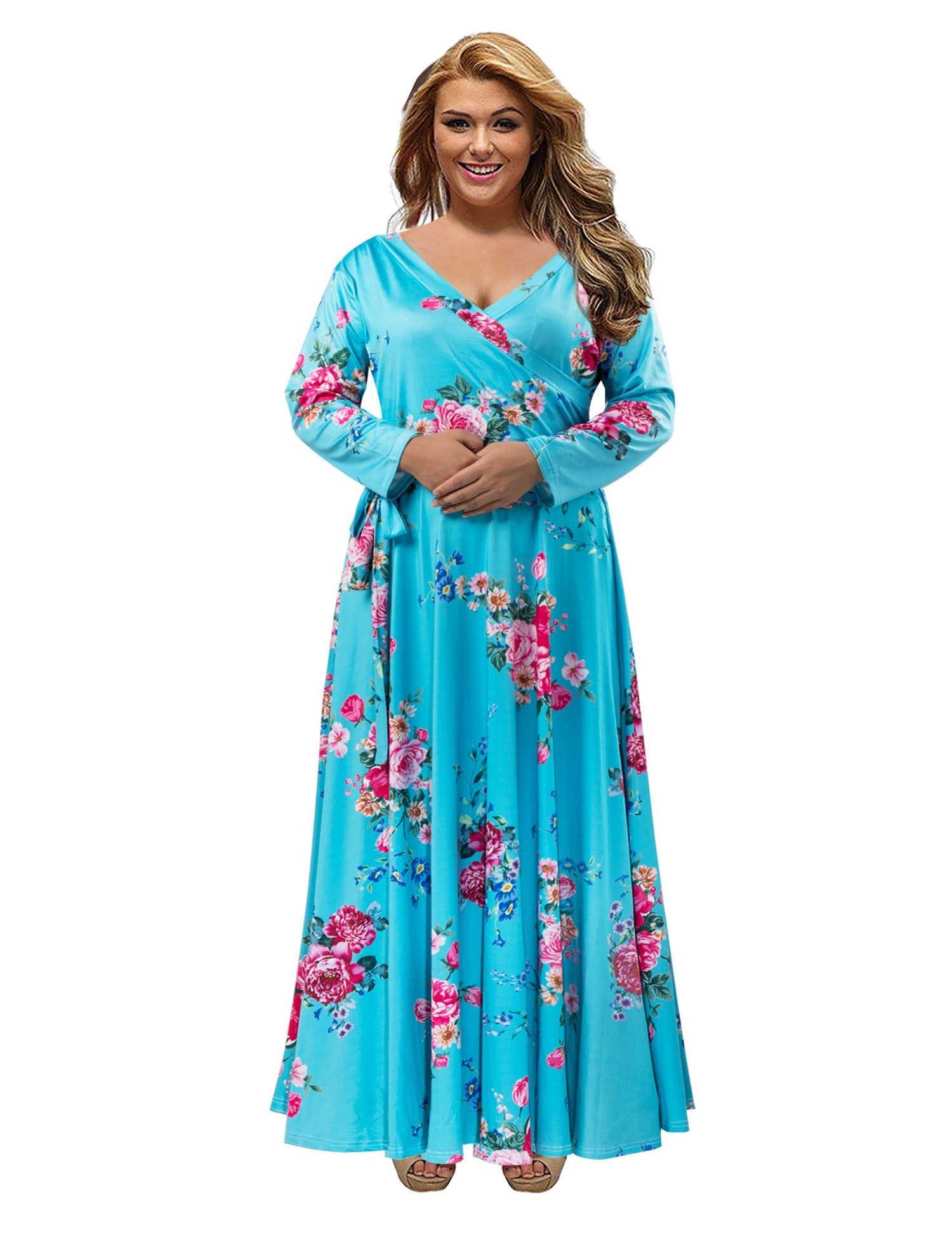 Womens Floral Wrap V-Neck Long Sleeve Plus Size Casual Maxi Dress (Light Blue Flower, 18)
