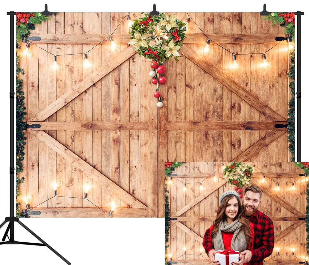 DePhoto 10X8FT Christmas Decor on Rustic Barn Door Backdrop Wooden Board Photography Seamless Vinyl Photo Background Studio Prop PGT466C