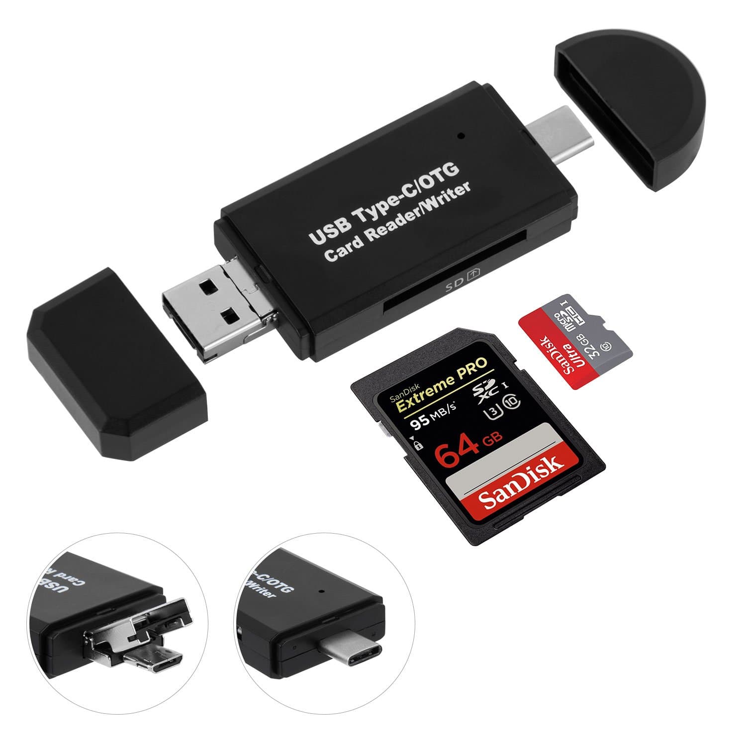 SD Card Reader - USB Type C/Micro USB OTG/USB 2.0 Micro SD Card Reader Adapter for SD, TF, SDHC, SDXC, MMC, RS-MMC, Micro SD, Micro SDHC, Micro SDXC Cards for PC/Macbook/Android phone/TV