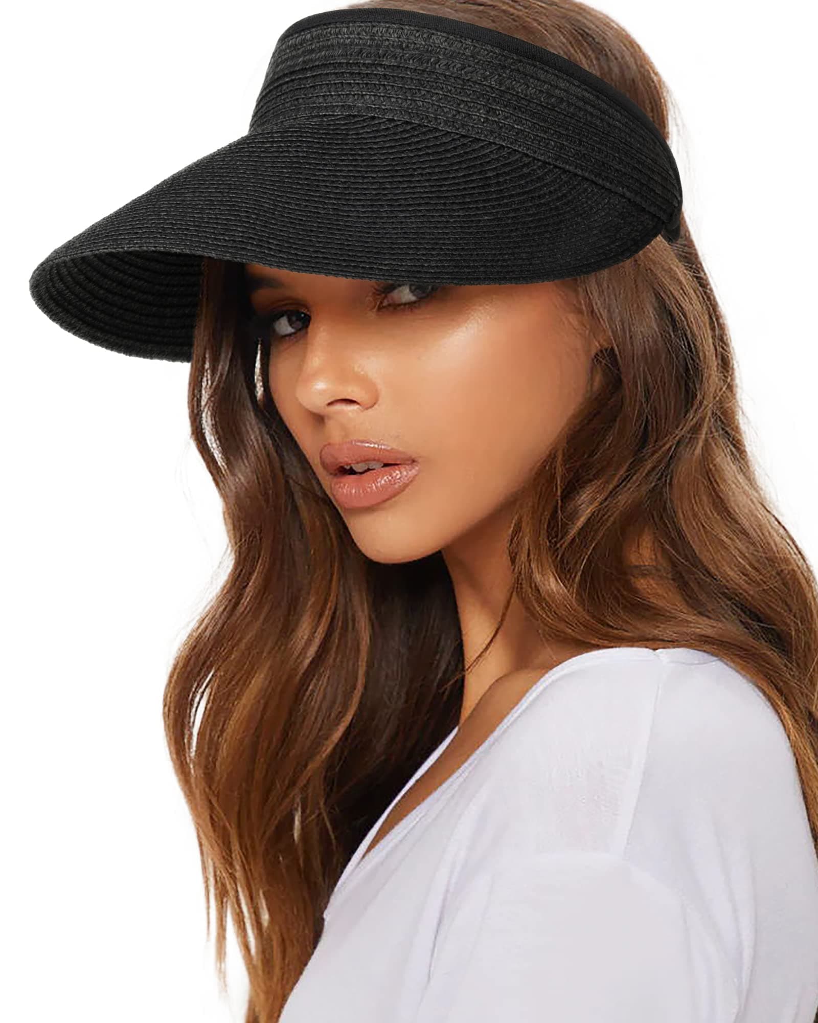 Womens Sun Visor Hat Straw Sun Visors for Women Summer Packable Ponytail Beach Hats for Women Travel UPF 80+