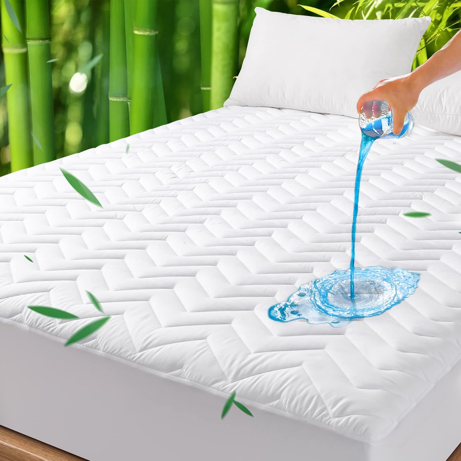 Unilibra King Size Waterproof Mattress Pad Rayon Made from Bamboo, Quilted Breathable Mattress Protector, 6''-25'' Deep Pocket Fitted Mattress Cover White