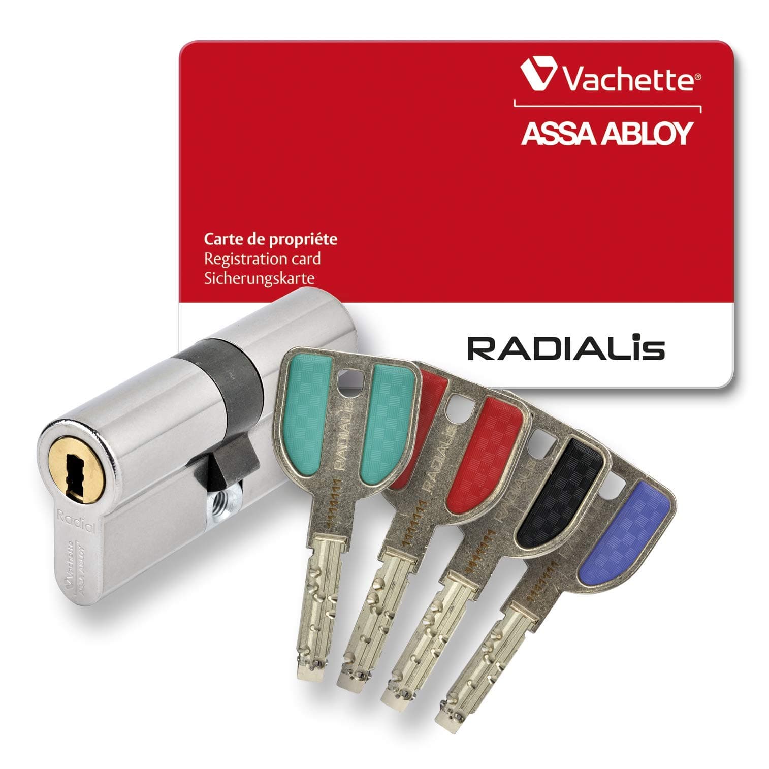 High-Security Profile Cylinder with Remote Control SYNKRO Function, Nickel-Plated, 4 incopiable Keys + Property Card, RADIALIS fonction SYNKRO
