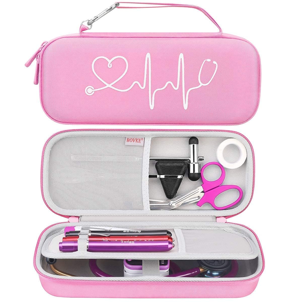 BOVKE Carrying Case Compatible With 3M Littmann Classic III, Lightweight II S.E, Cardiology IV Diagnostic, MDF Acoustica Deluxe Stethoscopes, Extra Room for Taylor Percussion Hammer and Penlight, Pink