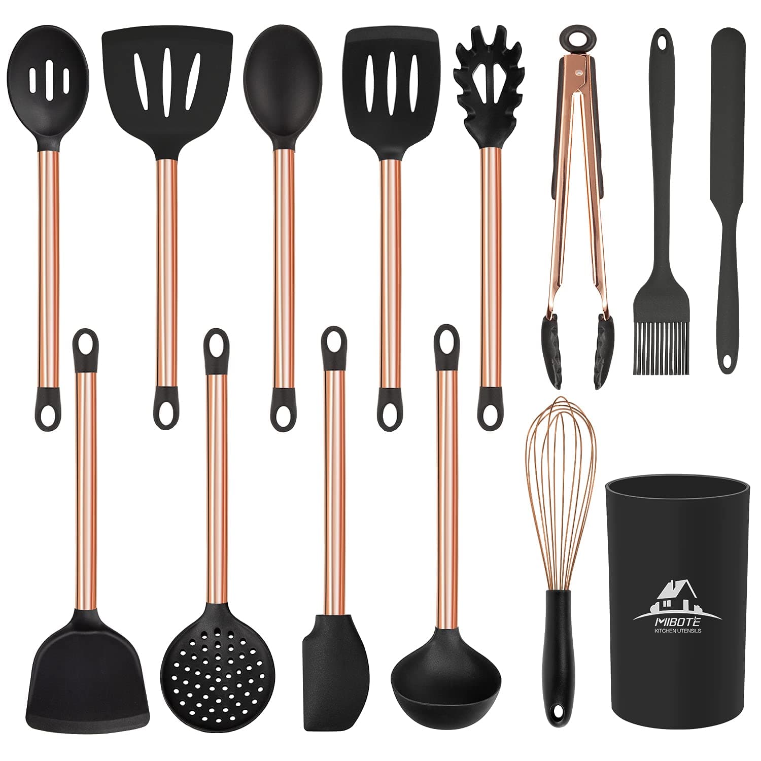 Silicone Cooking Utensil Set,14 Pcs Kitchen Utensils Set with Holder Non-stick Heat Resistant Cookware Cooking Turner Tongs Spatula Spoon with Stainless Steel Handle (Gold Black) BPA Free, Non Toxi
