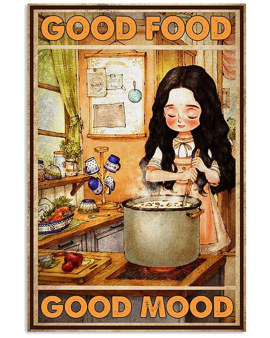 Cooking Good Food Good Mood Poster No Frame Or Framed Canvas 0.75 Wall Art Prints, Aesthetic Decor, Bathroom.(White)
