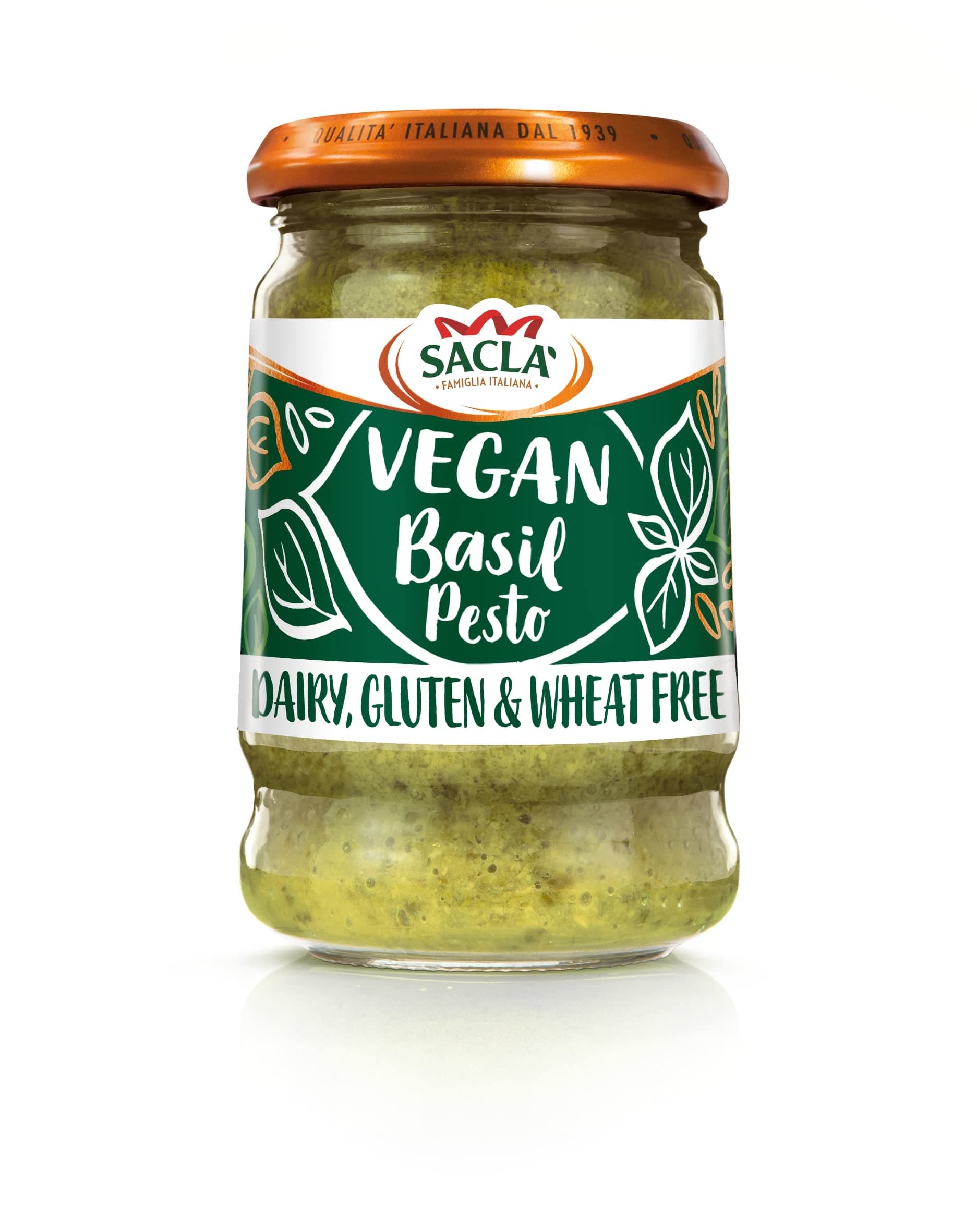 Italian Vegan Basil Pesto - Perfect with Pasta, Pizza, Garlic Bread and Tagliatelli - Made with Fresh Basil Leaves, Pine Nuts and Olive Oil - 190g (Pack of 1)