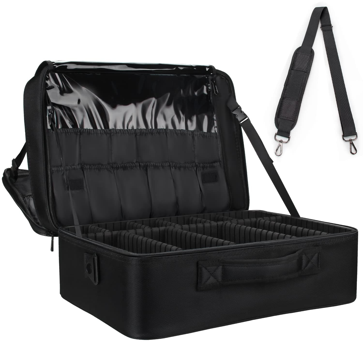 Relavel Extra Large Travel Makeup Train Case - Professional Artist Organizer Box With Adjustable Dividers - Portable Art Supply Bag With Trolley Attachment