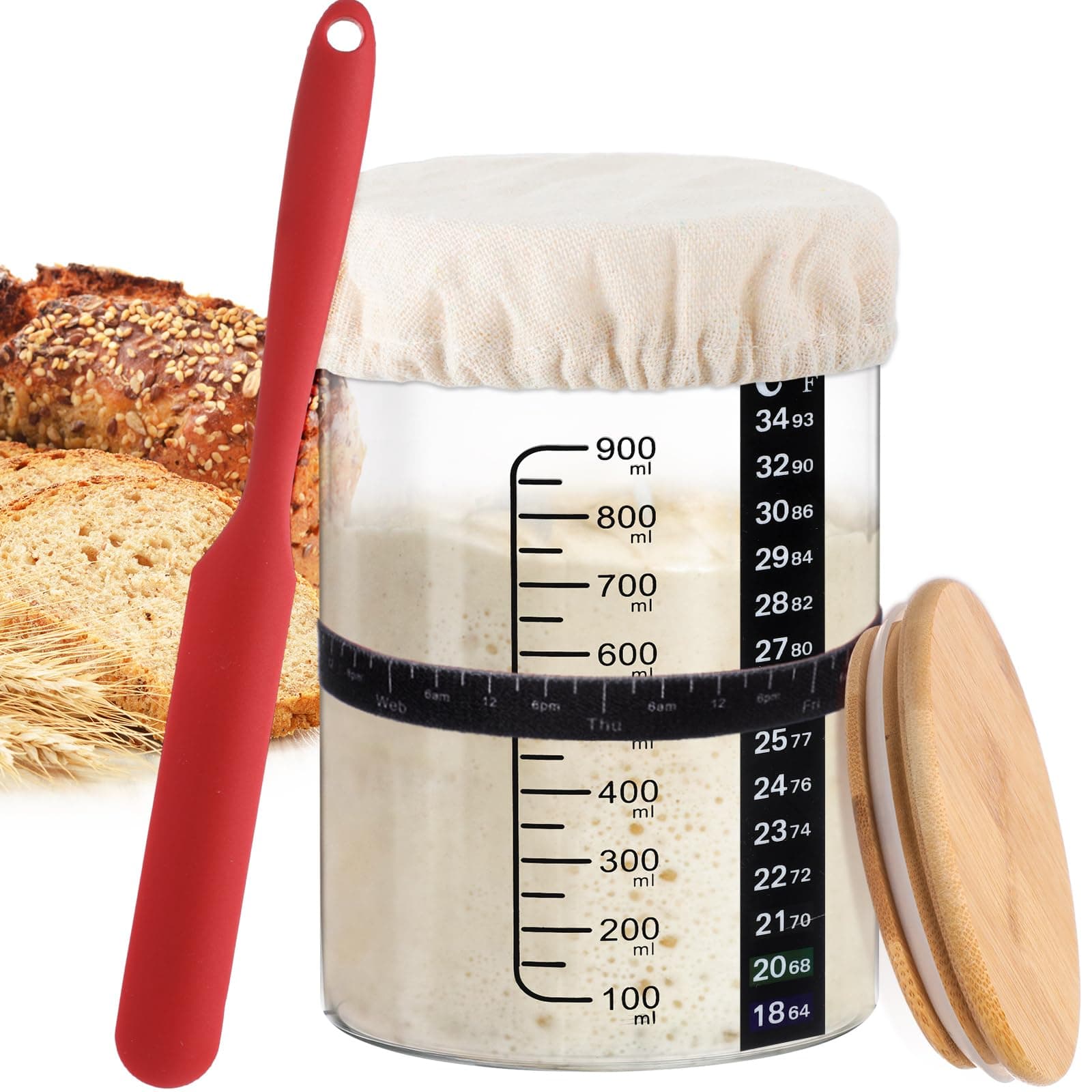 Yungyan 1 Set Sourdough Starter Jar 34 oz Sourdough Starter Kit with Thermometer, Scraper, Cloth Cover and Bamboo Lid Wide Mouth Sour Dough Starter Jar Container for Sourdough Bread Baking