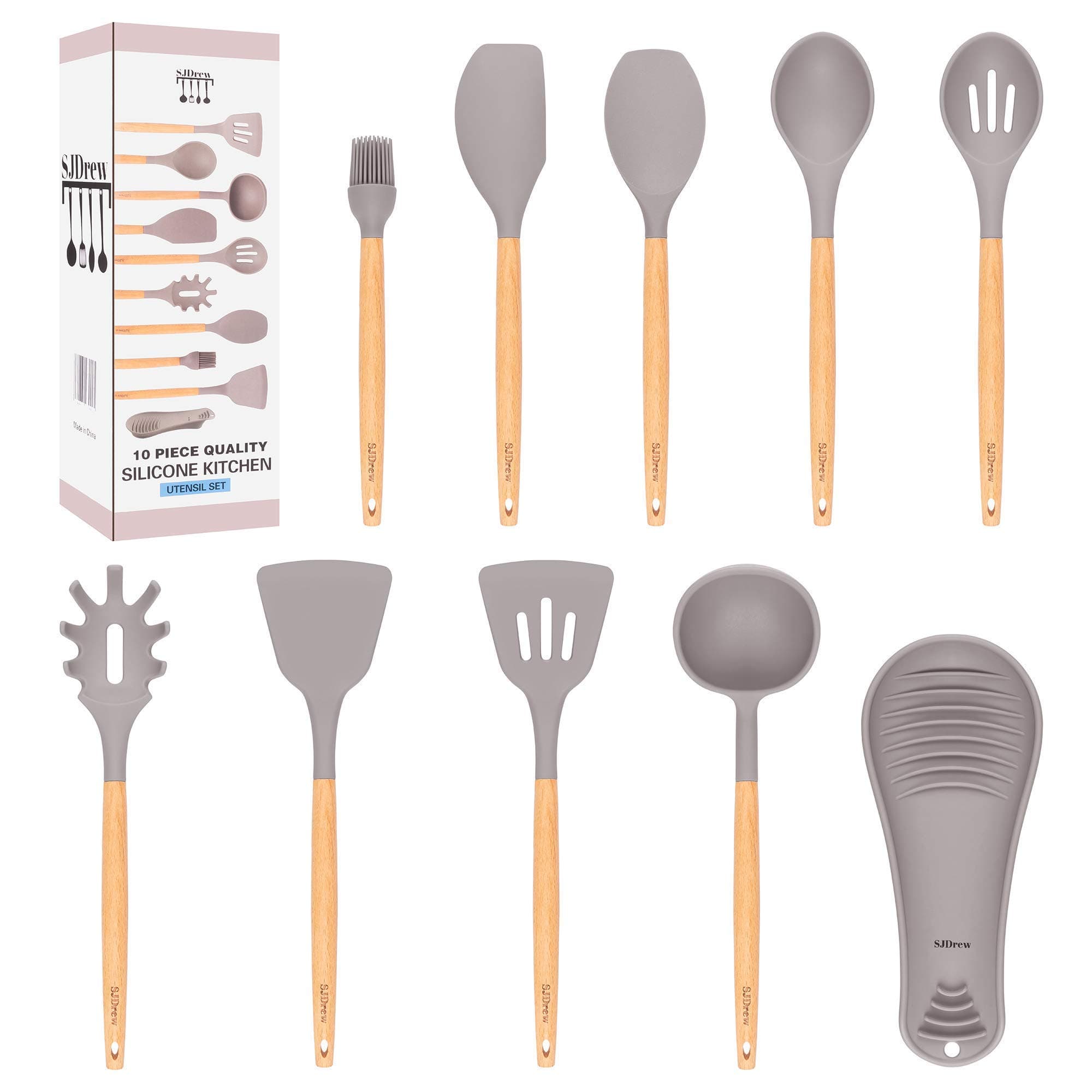 SJDREW New 10 Piece Grey Silicone & Wood Kitchen Utensil Set Includes New Design Spoon Rest