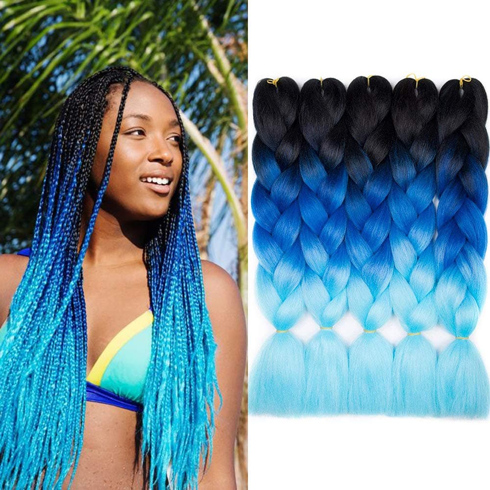 3 Tone Ombre Braiding Hair Jumbo Hair 5pcs/Lot 24 Inch Synthetic Colorful Braiding Hair Extension for Crochet Box Braids Twist Braiding Hair (C29, Black/Royal Blue/Azure)