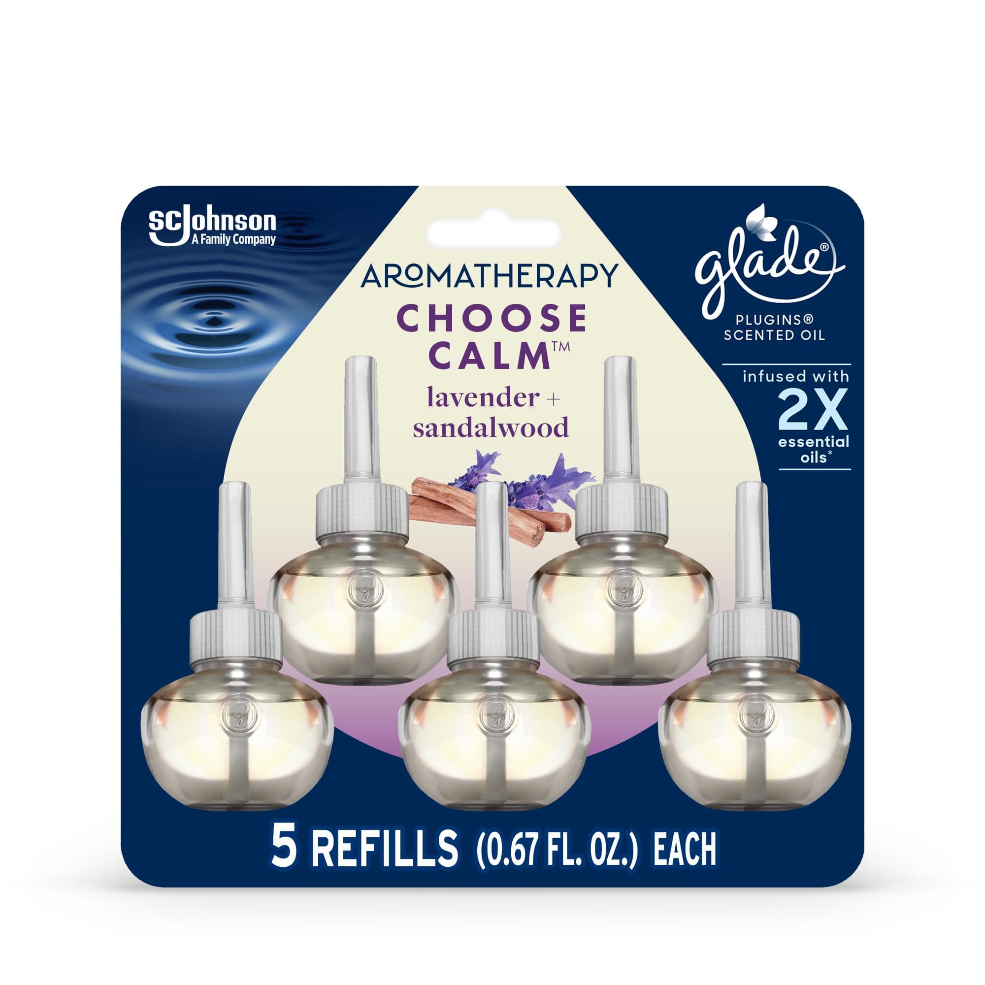 GladeAromatherapy PlugIns Refills Air Freshener, Scented and Essential Oils for Home and Bathroom, Choose Calm Scent, 3.35 Fl Oz, 5 Count
