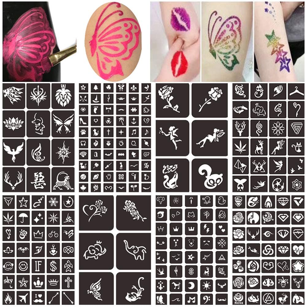 Body Face Painting Stencils Kit for Kids, Henna Glitter Tattoo Stencils Kit, Reusable Temporary Tattoo Stencils (8 Sheets 218 Design)