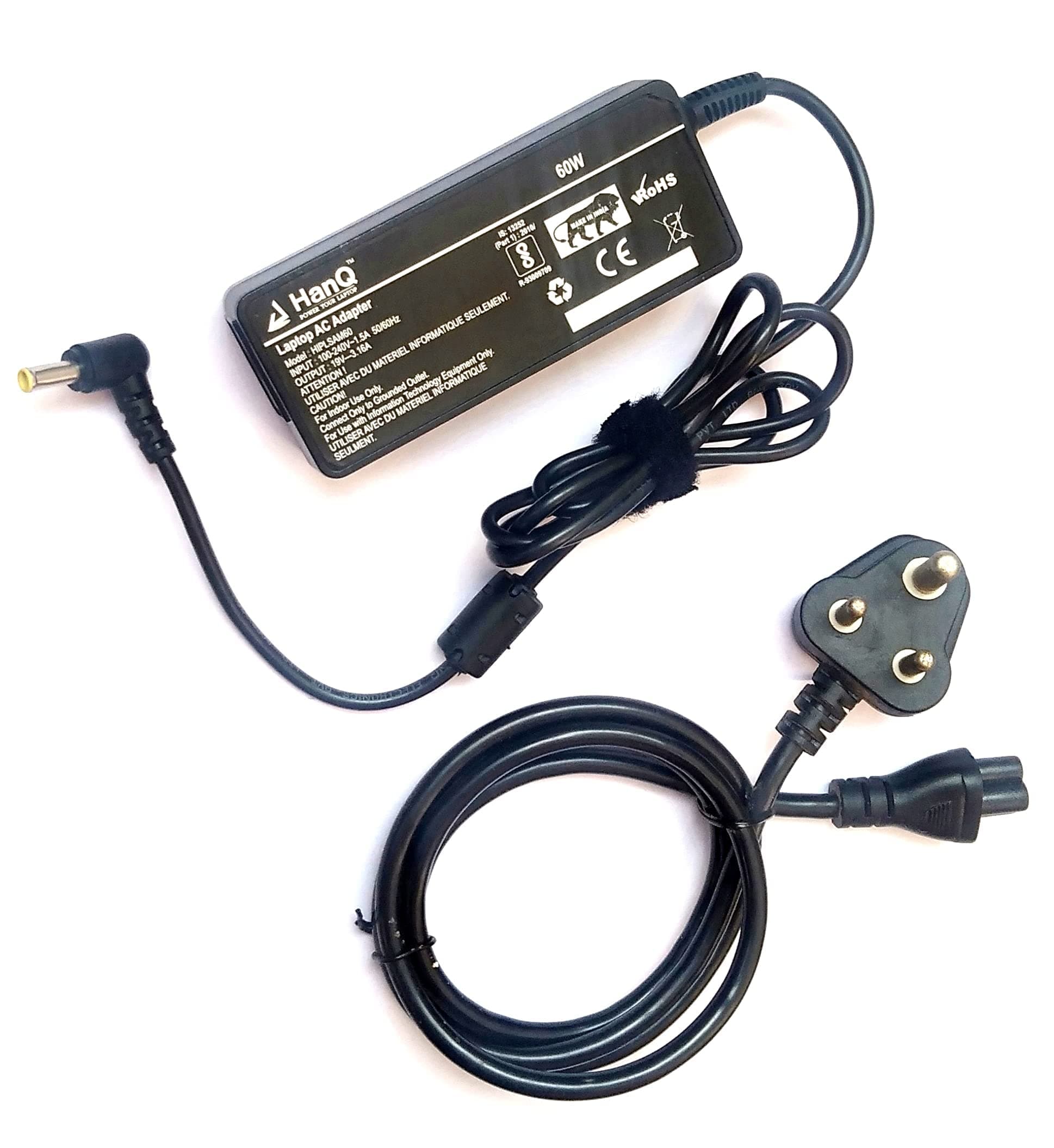 HanQ Laptop Charger for Samsung NP-RV520-A01 NP-RV520-A01AE 19V 3.16A 60W Pin Dia 5.5MM X 3.0MM Yellow pin Laptop Adapter with Power Cable Free.