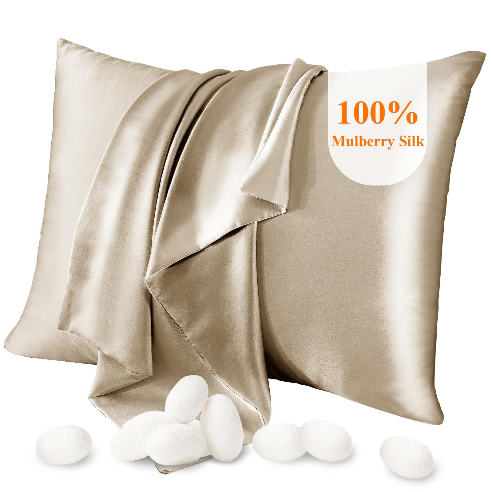 JaciuJaciu 100% Silk Pillowcase for Hair and Skin, Pillow Cases Both Side Mulberry Silk Pillowcases 21 Momme 600 Thread Count Hidden Zipper Smooth Soft(Apricot, Queen 50x75cm,1pcs）