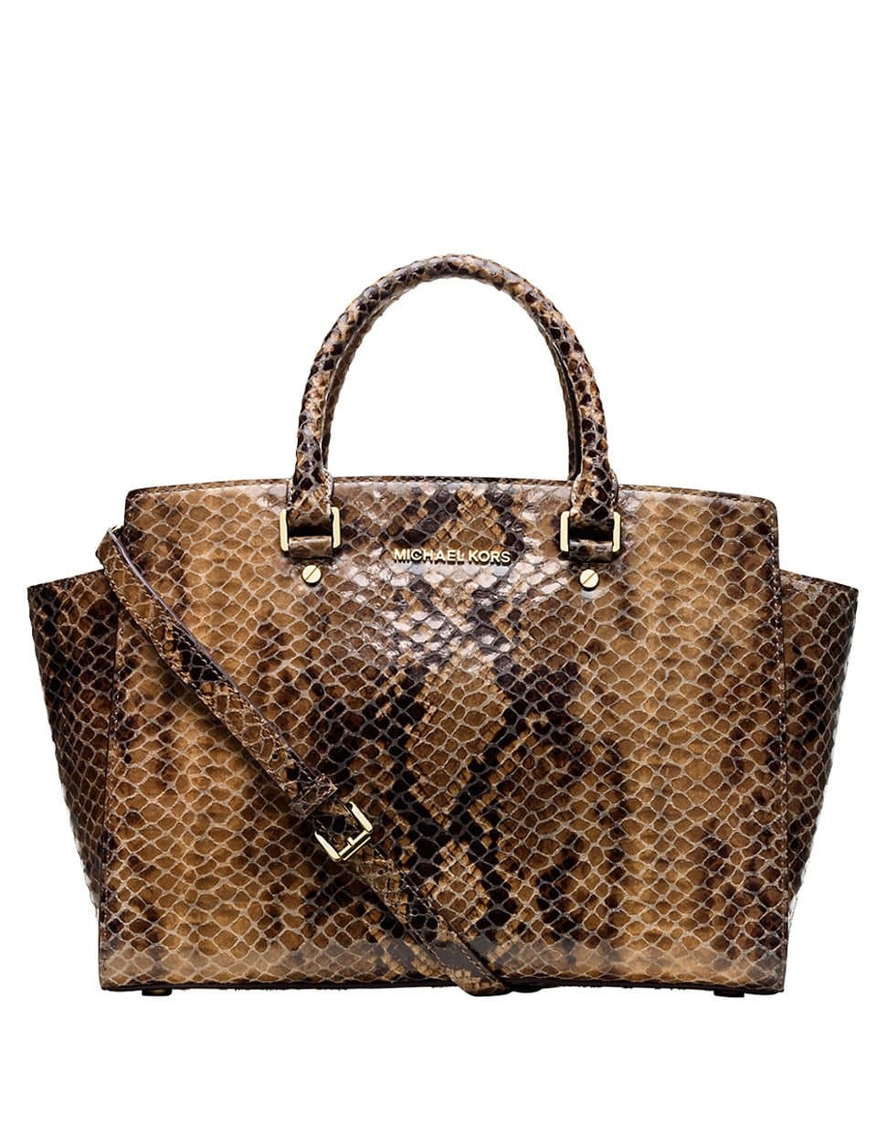 Michael Michael Kors Selma Large Top Zip Python Embossed Leather Satchel in Sand