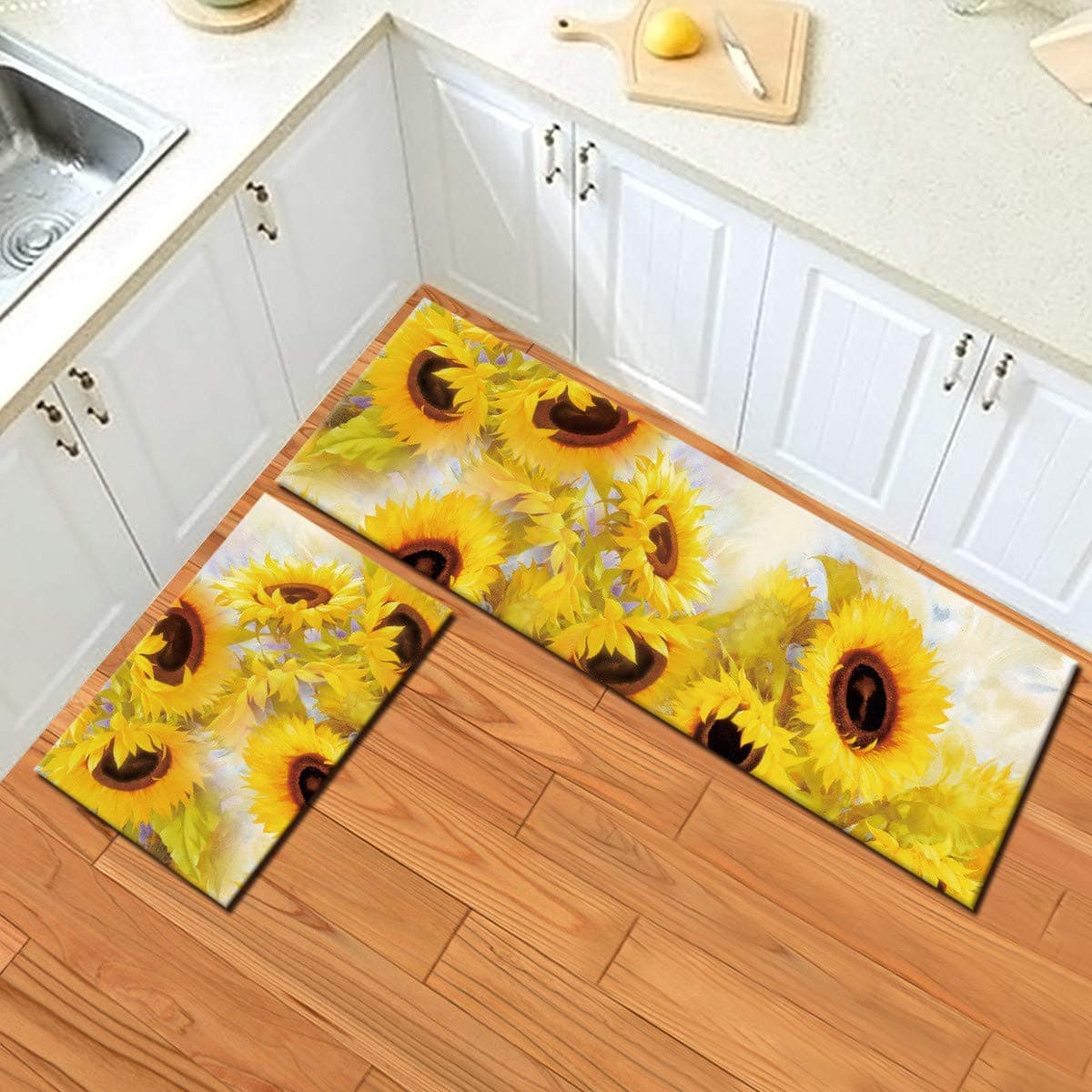WSHINE 2pcs Kitchen Rug Sunflower Area Rug Set Blooming Yellow Flowers Carpet Runner Rug Kitchen Floor Mat,15.7x23.6inch + 15.7x47inch