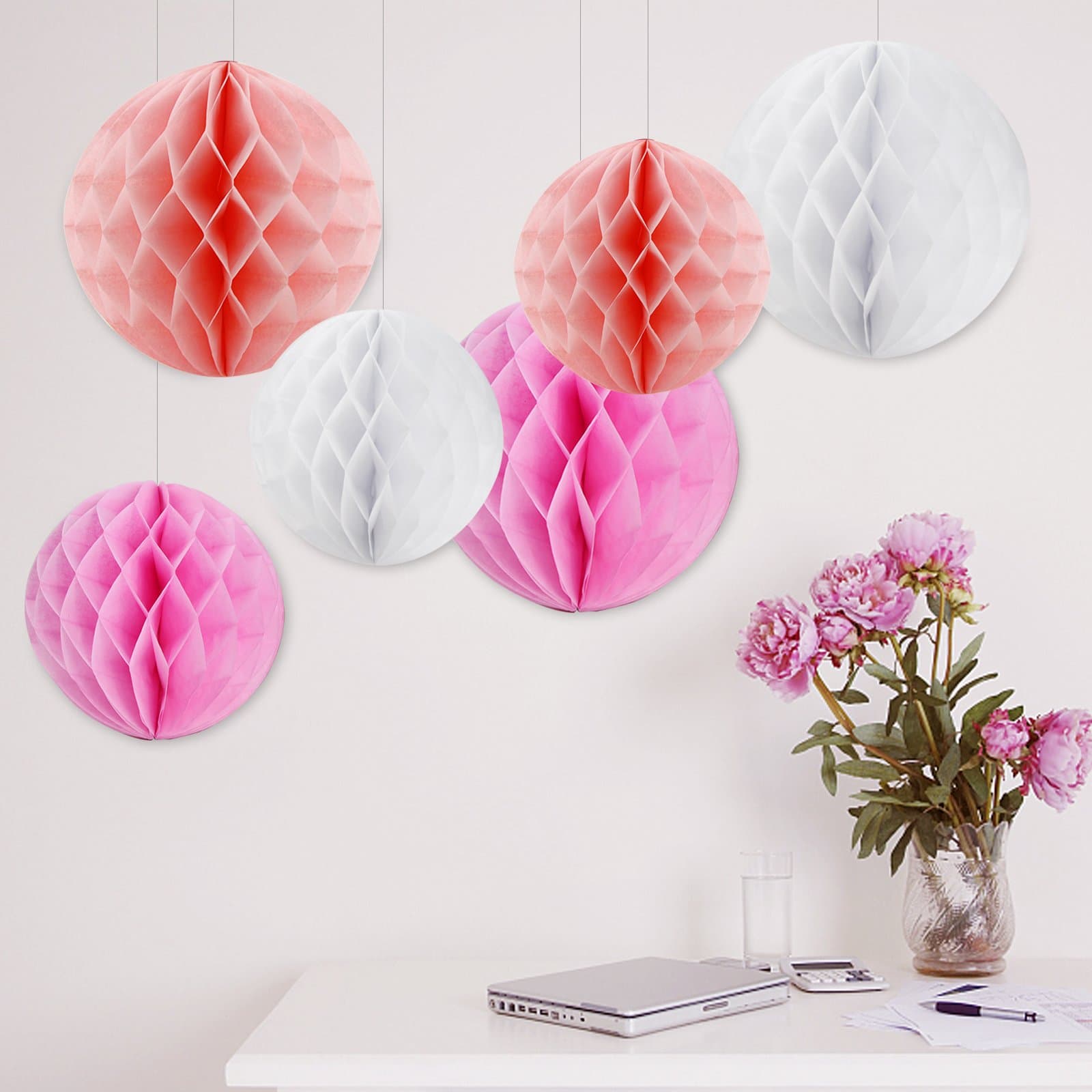 Achollo 6x Honeycomb Balls Honeycomb Balls Pompoms Paper Pink White Pink Decoration Party Decoration for Wedding Baby Shower Birthday - 15CM & 20CM