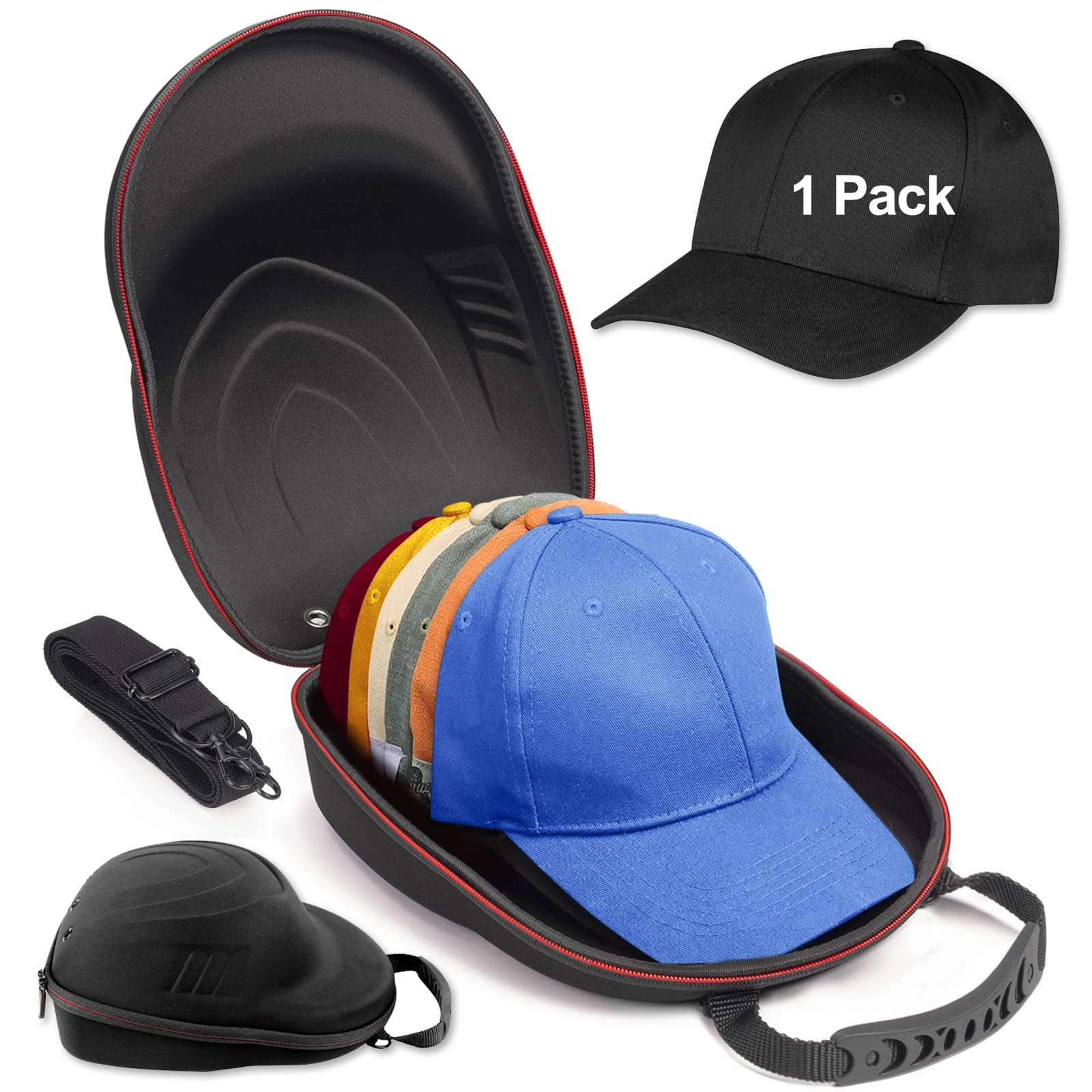 Hat Travel Case for Baseball Caps,Hard Hat Carrier Storage Case with 1 Pack Black Baseball Cap and Adjustable Shoulder Strap, Hat Organizer Holder Bag for 6 Baseball Caps for Men and Women - Black