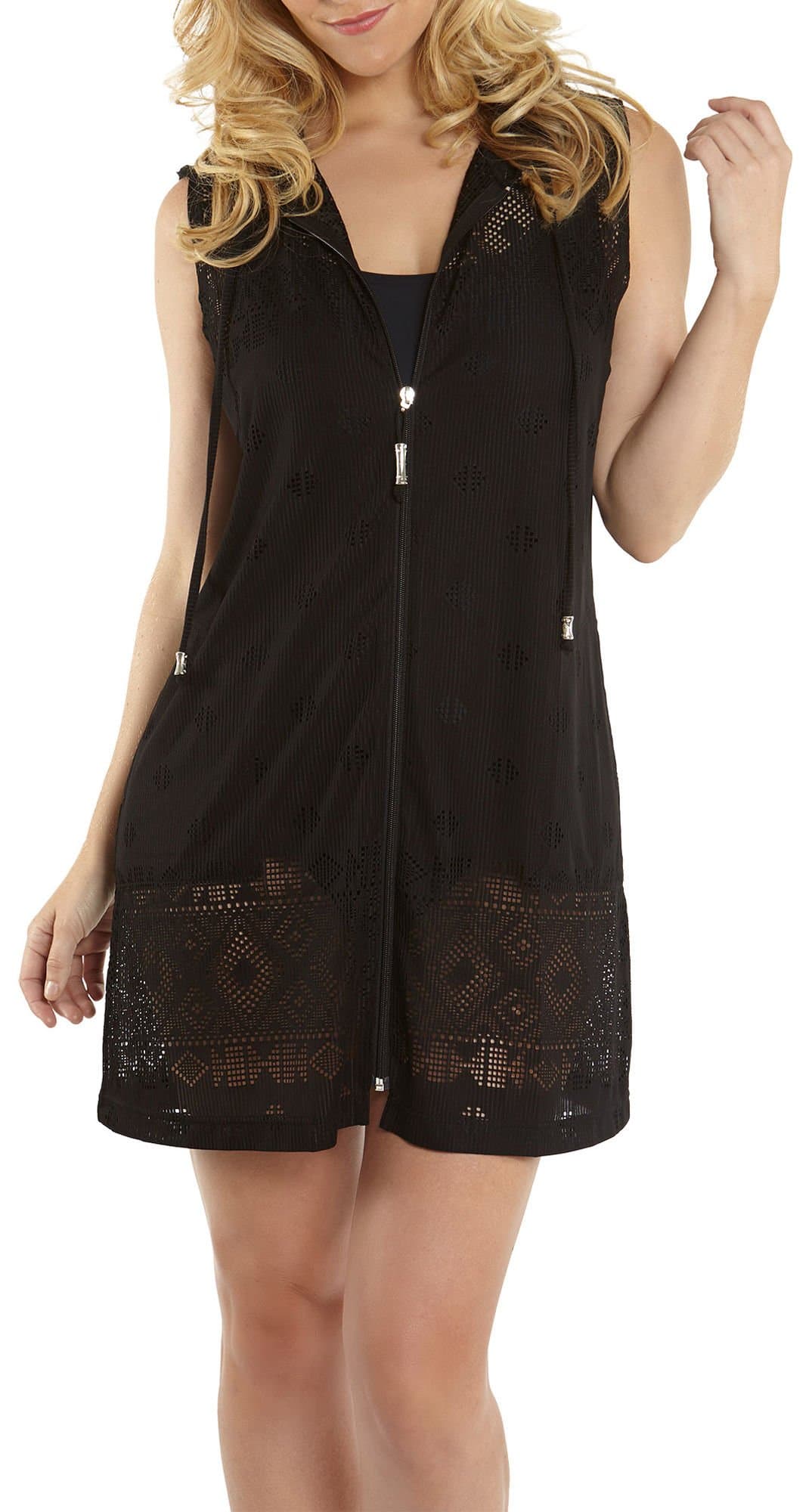 Dotti Women's Crochets Tribal Times Hoodie Tunic Swim Cover Up Black L