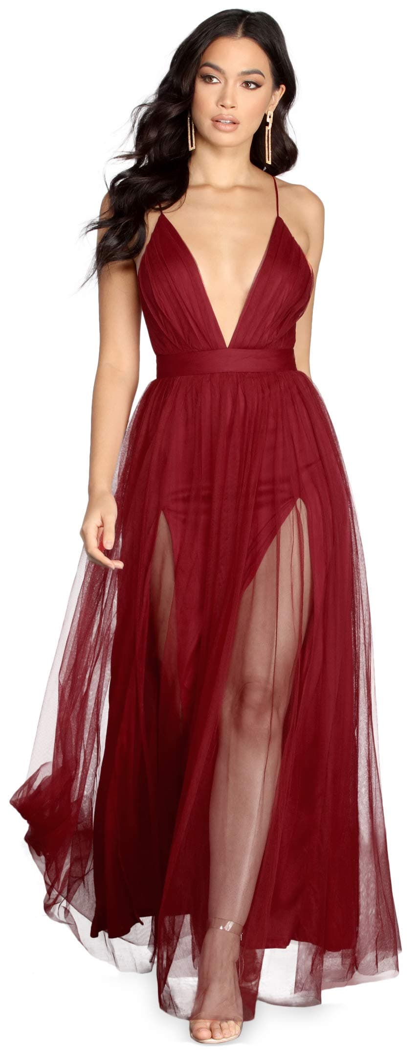 Long Formal Tulle Dress, Sleeveless V-Neck Tulle Ball Gown with High Front Slits, Weddings, Bridesmaid Dresses,