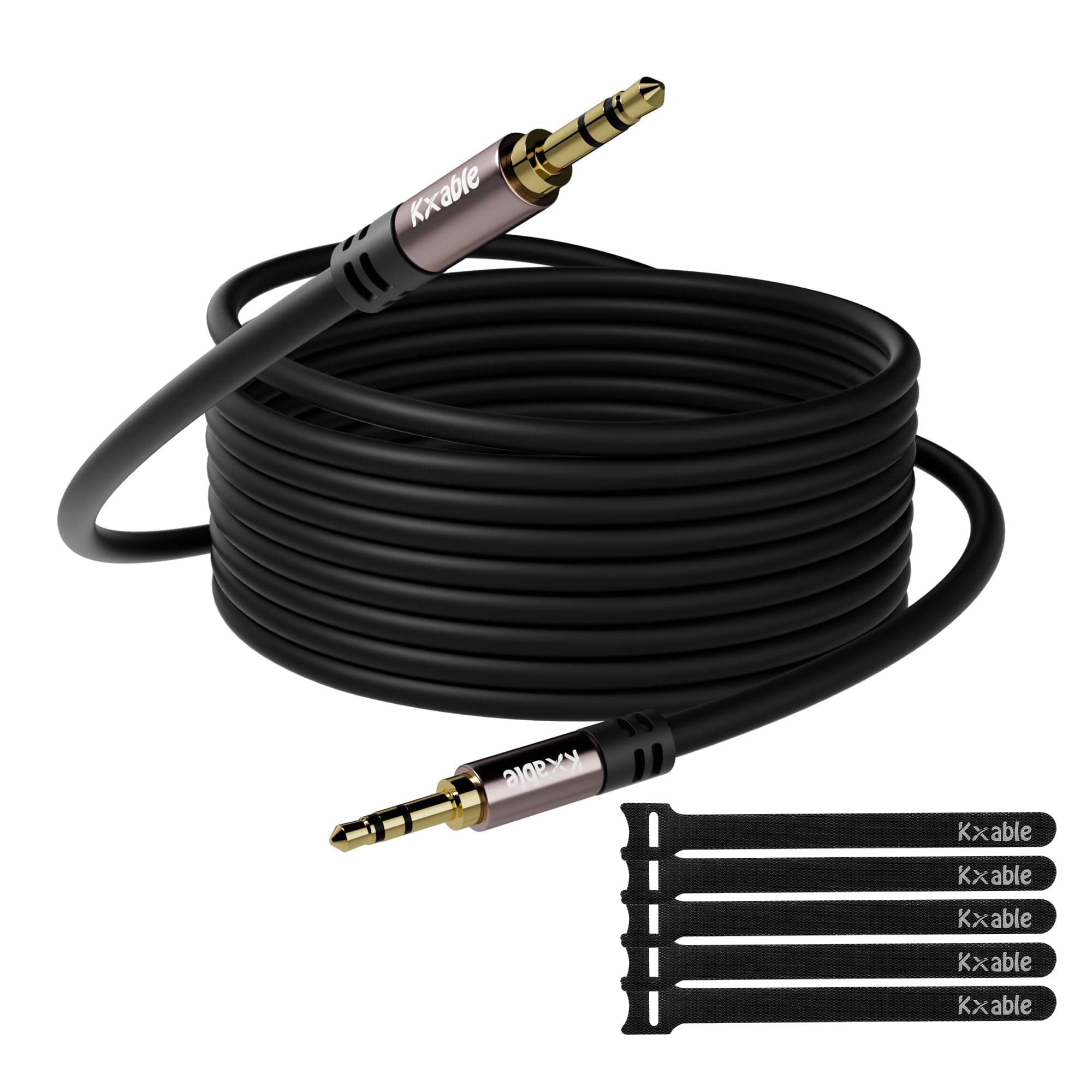 3.5mm Auxiliary Audio Stereo Cable 50 Feet, Long Male to Male Aux Cord, Gold Plated Connectors, OFC Core, Black Cable (with 5 pcs Cable Ties) - 50ft