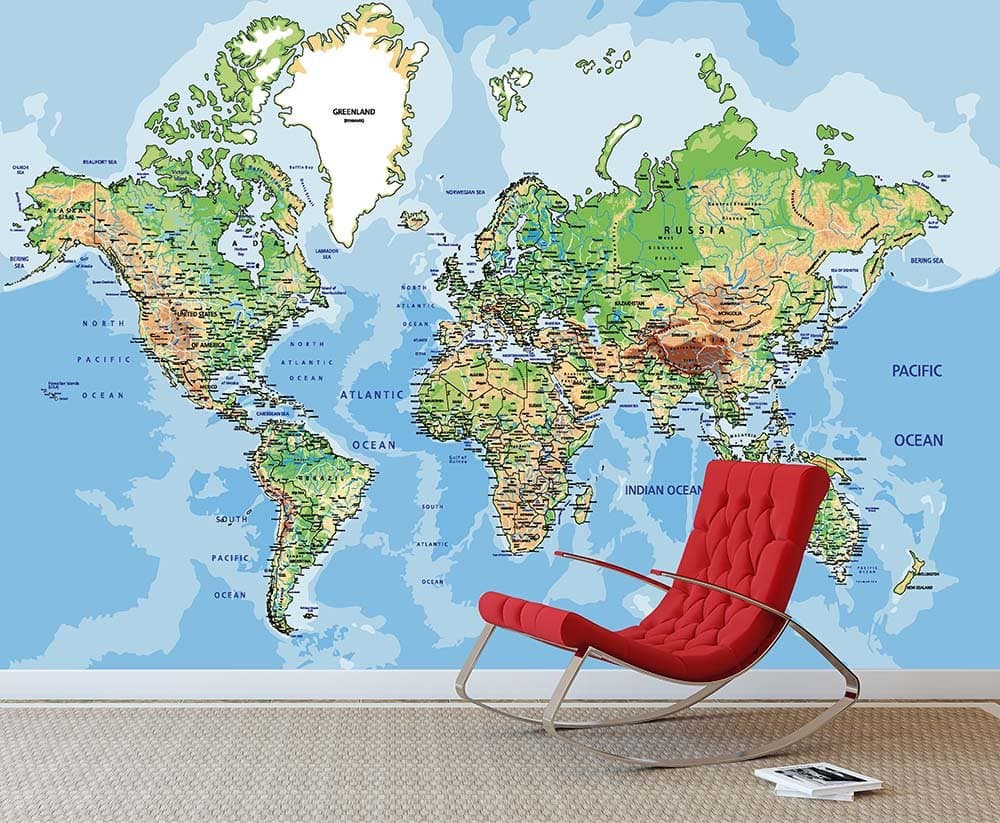 WALL ART DESIRE World Map Photo Wallpaper Countries and Major Cities Wall Murals (Paper 220gsm Premium, XX Large 3000mm x 2400mm)