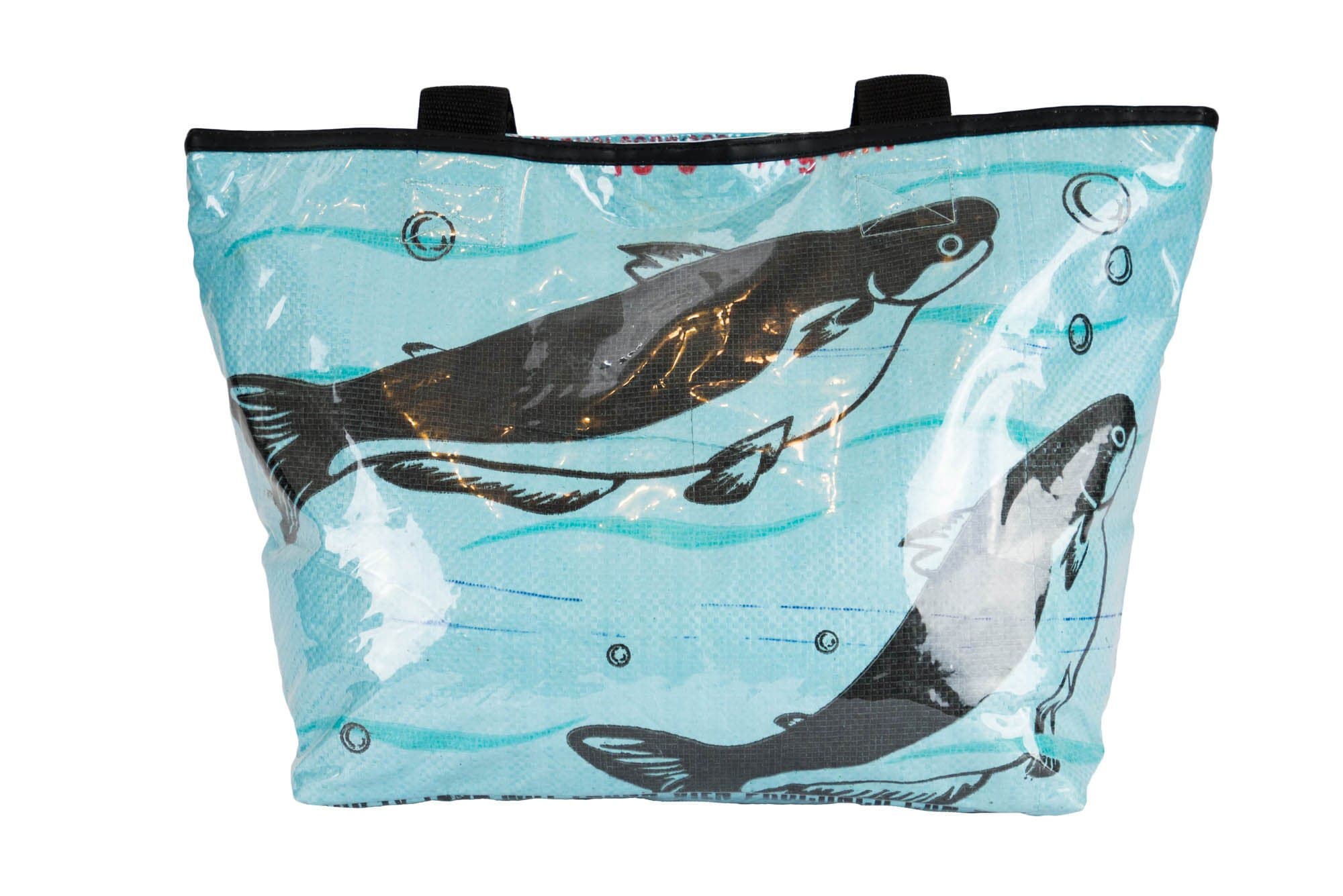Recycled feed bag beach tote bag - blue/black fish