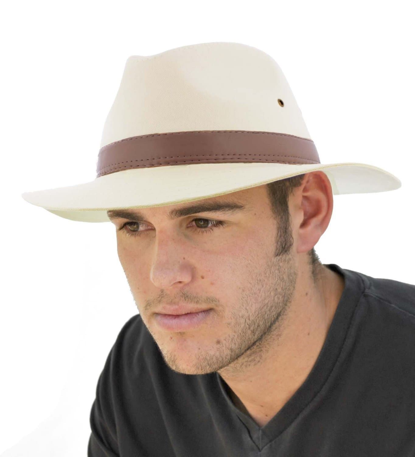 Stylish Men's Cotton Fedora with Brown Faux Leather Band, Natural, 57cm