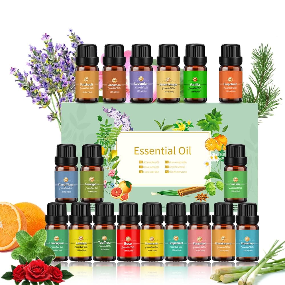 Essential Oils for Diffusers for Home, Diffuser Oil 18x10mL, Tea Tree, Lavender, Eucalyptus, Frankincense, Lemon Grass, Rosemary, Orange, Mint, Lemon, Cinnamon, Bergamot, Ylang-Ylang, Grapefruit, etc.