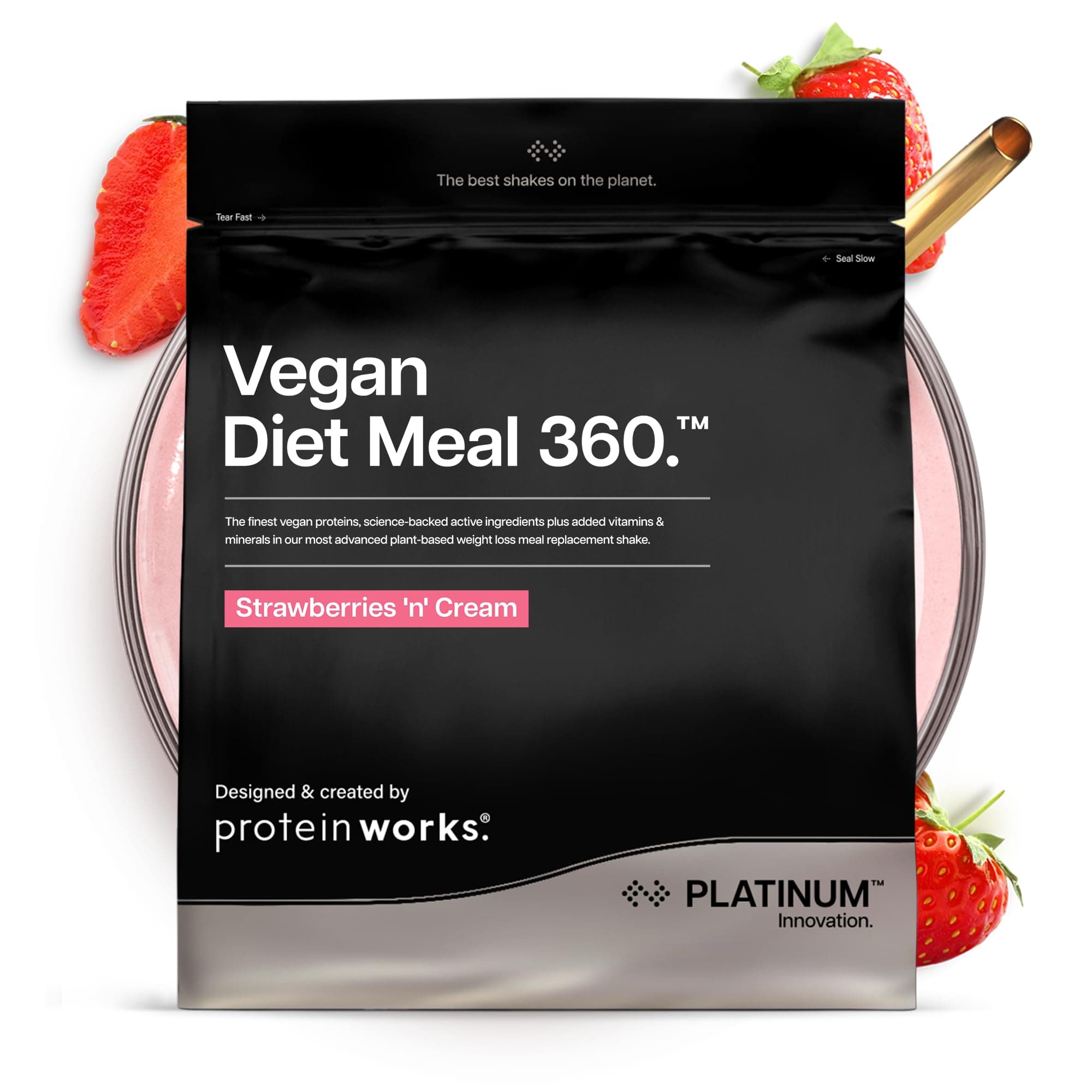 Protein Works | Vegan Diet Meal 360 - PLATINUM Innovation, Vegan Protein Diet Meal Replacement Shake, Healthy Weight Loss, Vitamin & Mineral Blend, Green Tea, Strawberries 'n' Cream, 8 Meals, 500g