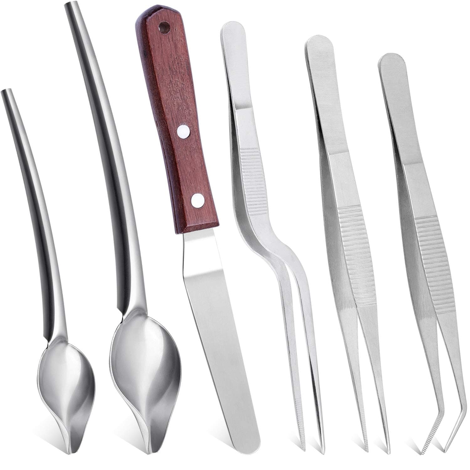 6 Pcs Stainless Steel Kitchen Cooking Tweezers Precision Tongs Drawing Spoons Offset Spatula for Food Culinary Plating Decorating